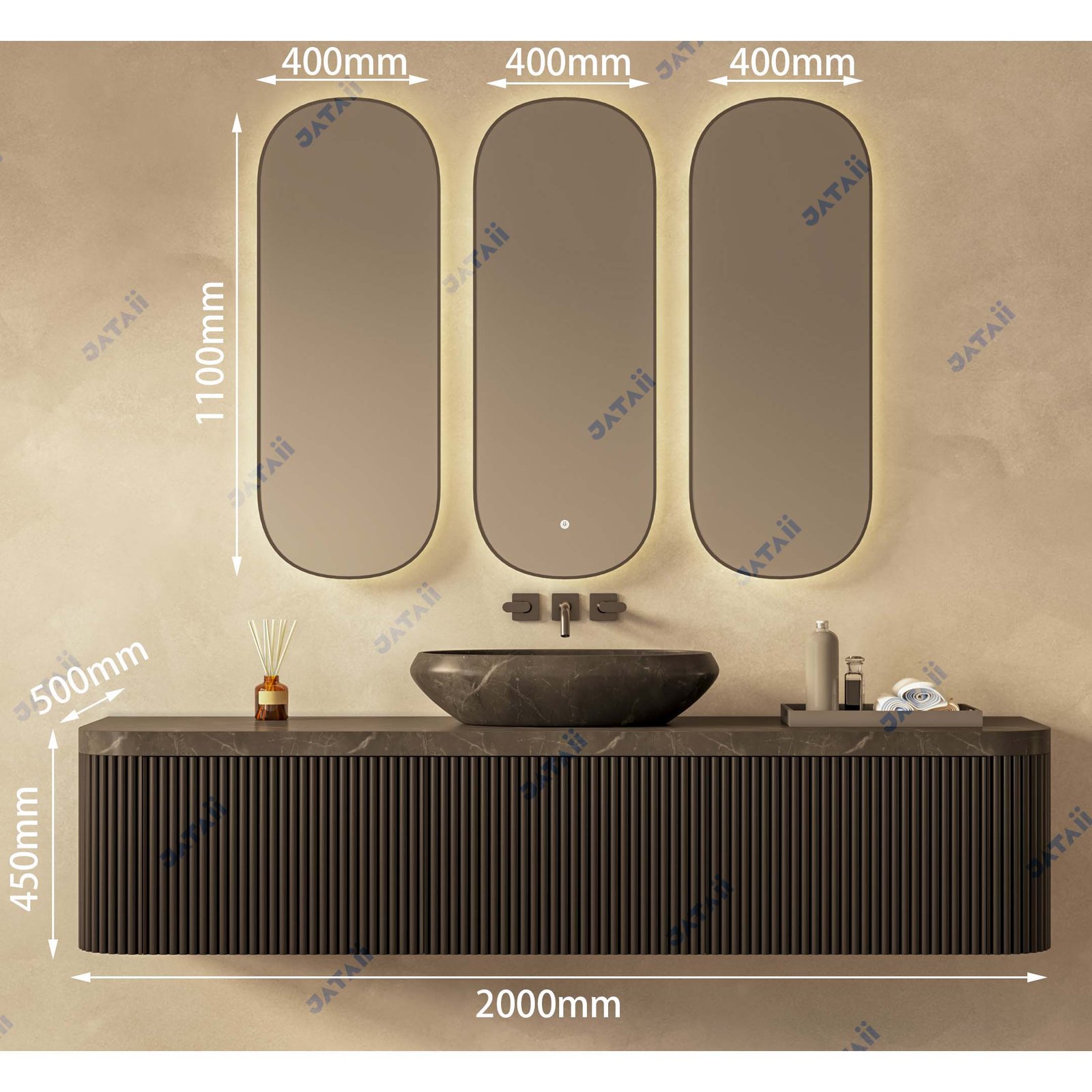 2000mm Dark Grey Fluted Vanity with Sintered Stone Top & Triple Mirrors