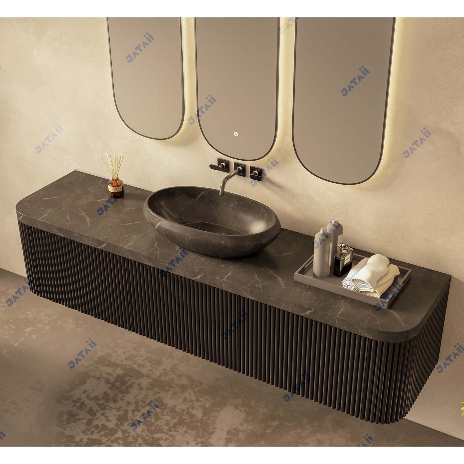 2000mm Dark Grey Fluted Vanity with Sintered Stone Top & Triple Mirrors