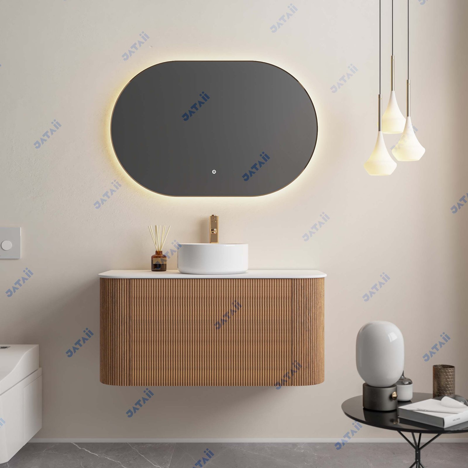Hotel Custom Fluted Wood Grain Floating Vanity with Oval Smart Mirror