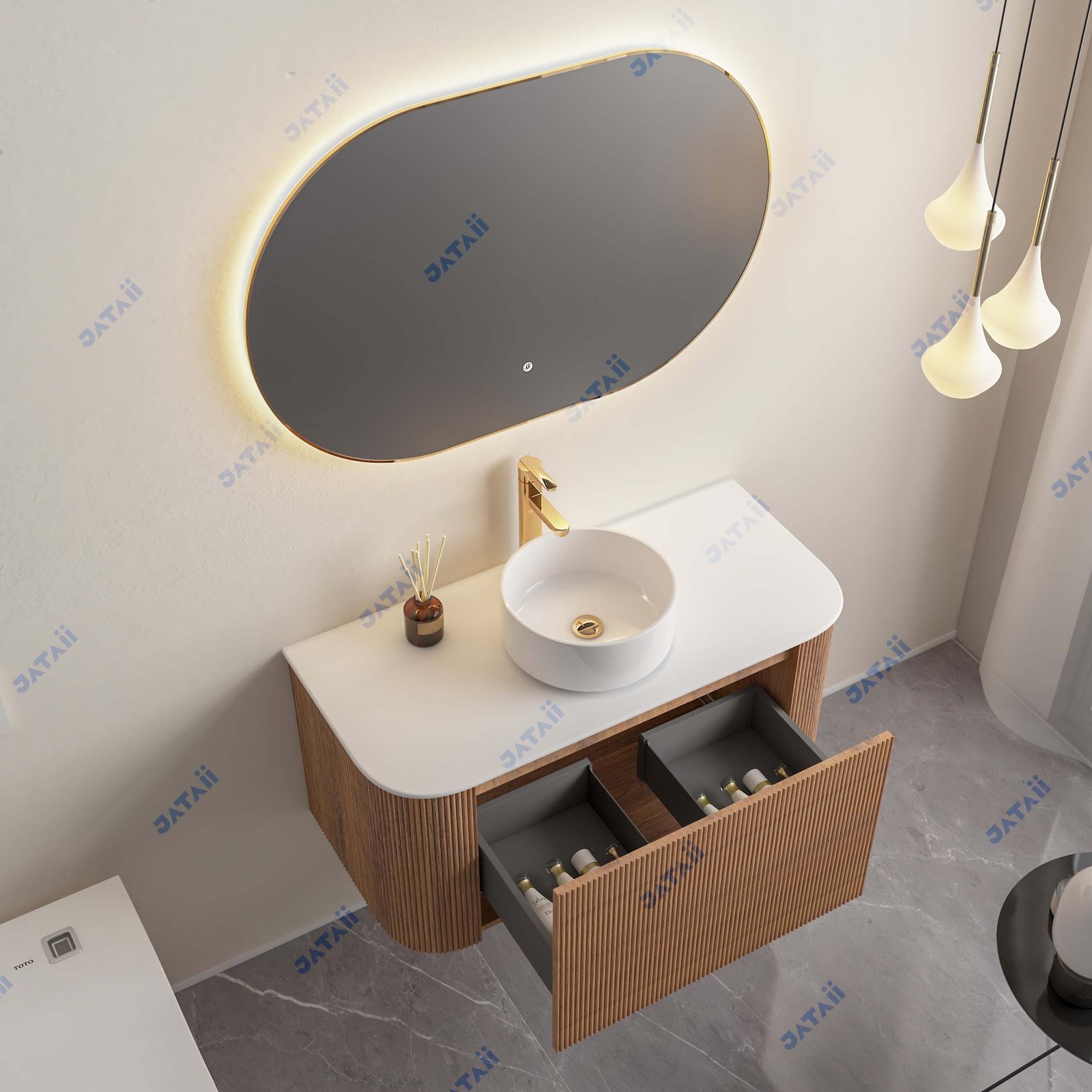 Hotel Custom Fluted Wood Grain Floating Vanity with Oval Smart Mirror