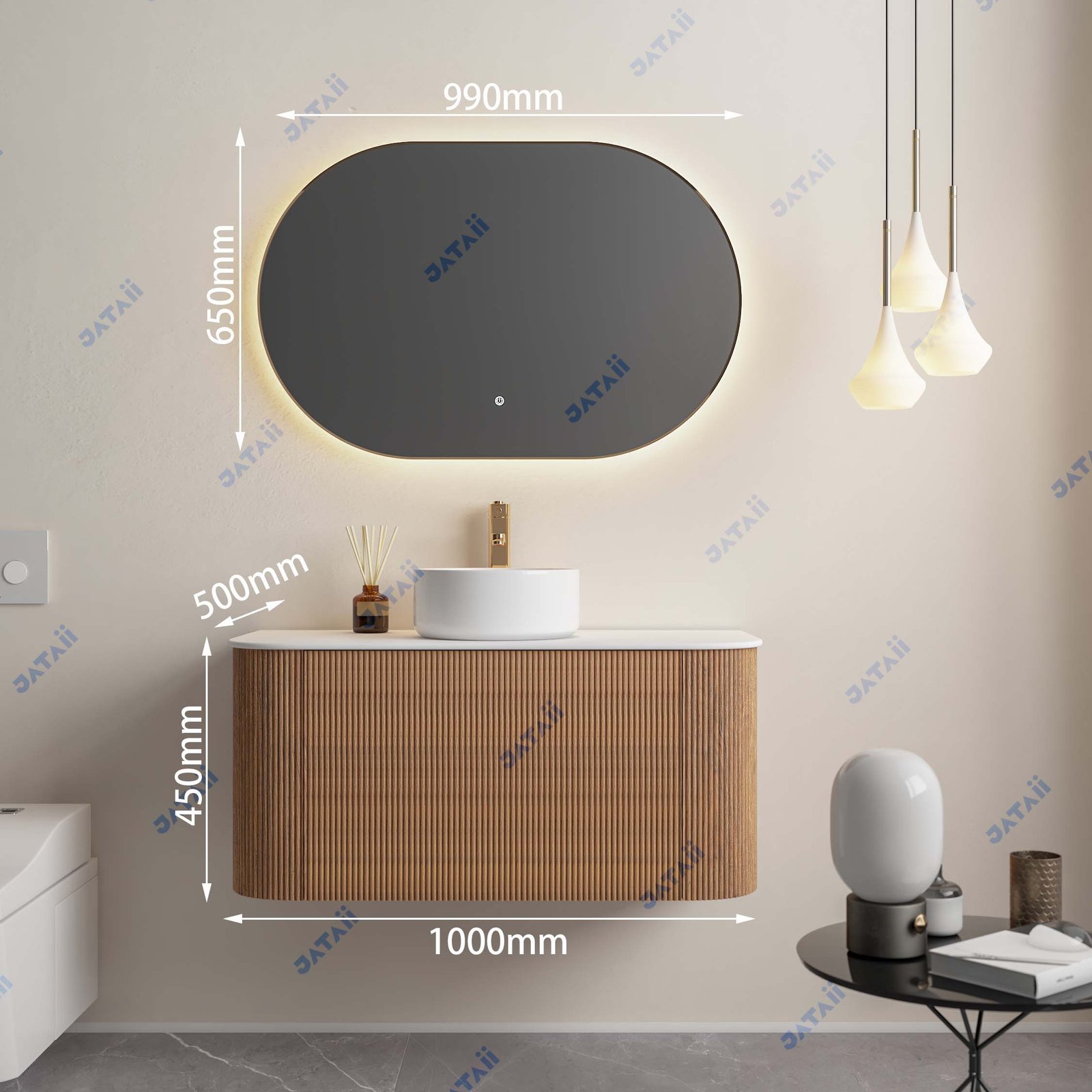 Hotel Custom Fluted Wood Grain Floating Vanity with Oval Smart Mirror