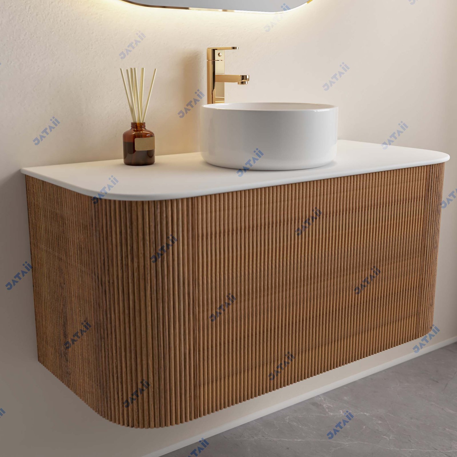 Hotel Custom Fluted Wood Grain Floating Vanity with Oval Smart Mirror