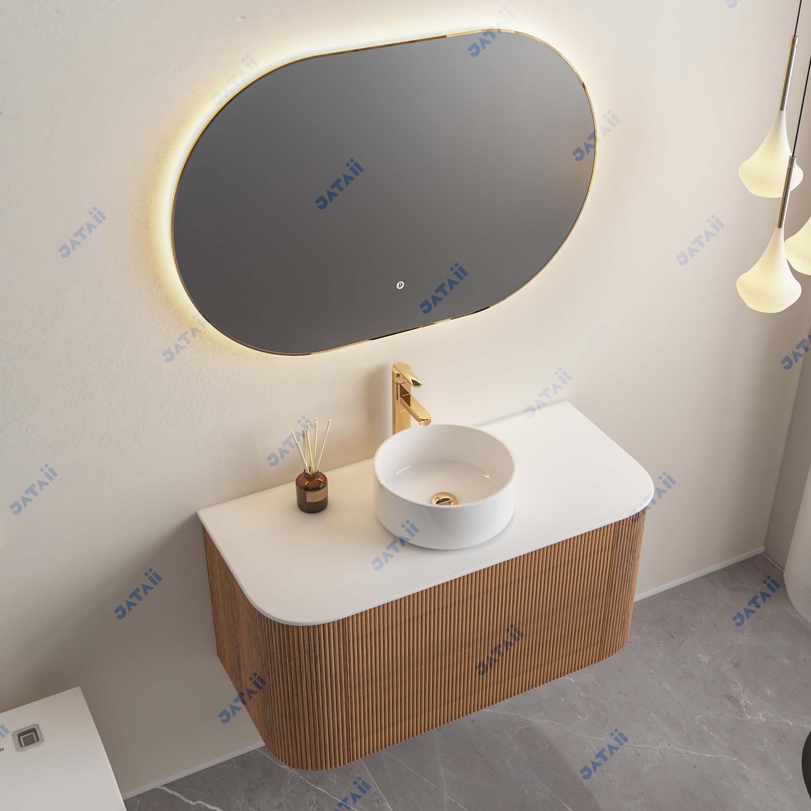 Hotel Custom Fluted Wood Grain Floating Vanity with Oval Smart Mirror