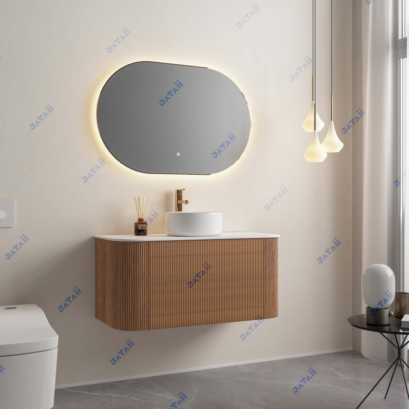 Hotel Custom Fluted Wood Grain Floating Vanity with Oval Smart Mirror