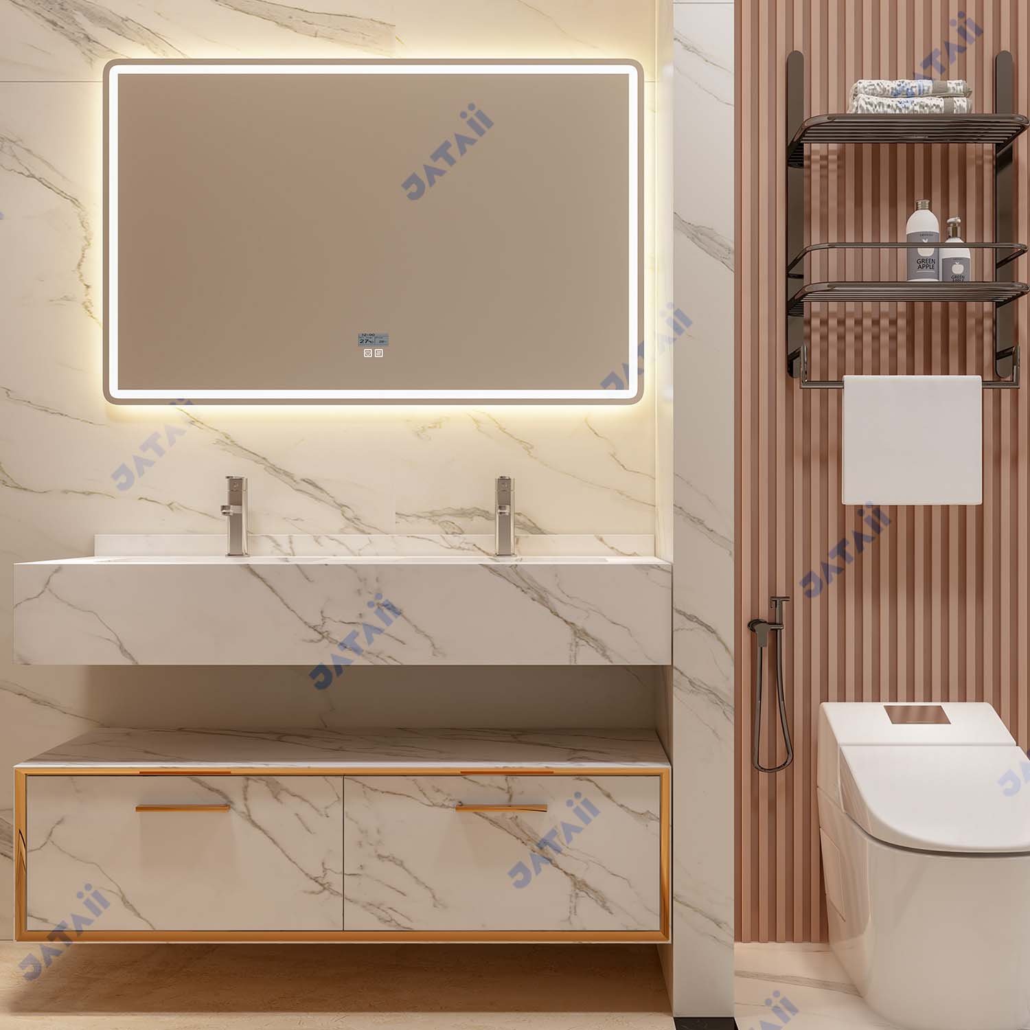 Wholesale 1300mm Luxury Marble Double Sink Floating Vanity with Gold Accents & Oversized Smart Mirror | JTDR031