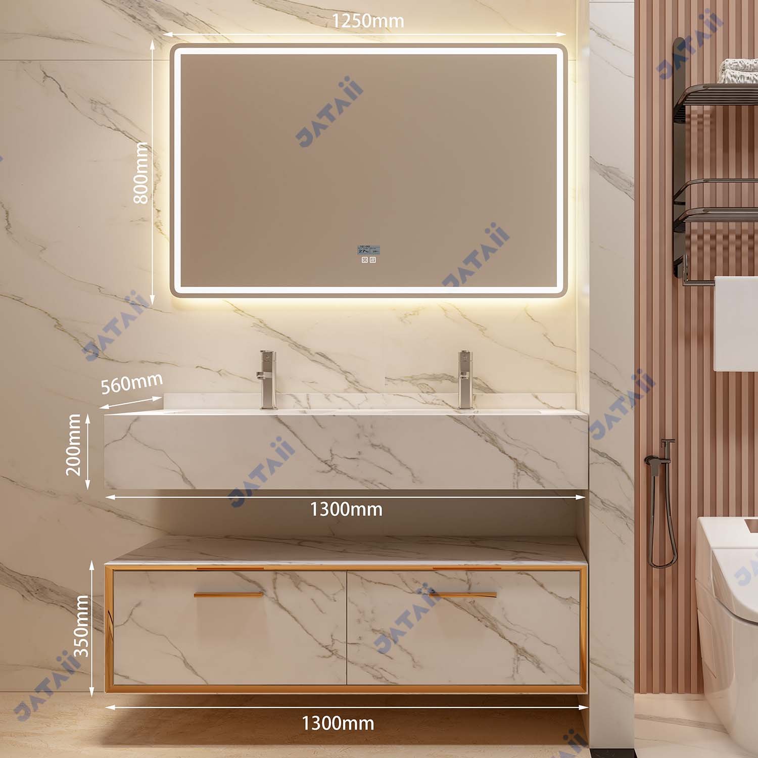 Wholesale 1300mm Luxury Marble Double Sink Floating Vanity with Gold Accents & Oversized Smart Mirror | JTDR031