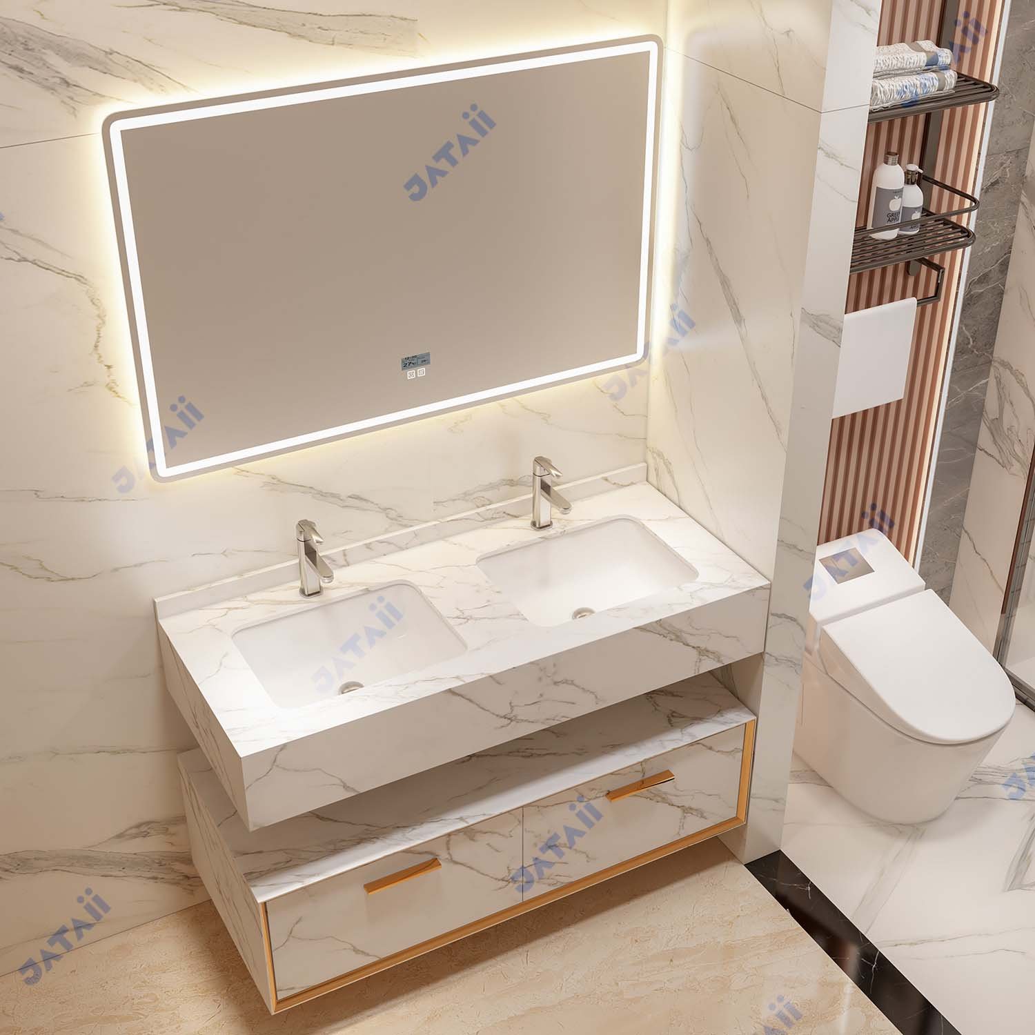 Wholesale 1300mm Luxury Marble Double Sink Floating Vanity with Gold Accents & Oversized Smart Mirror | JTDR031