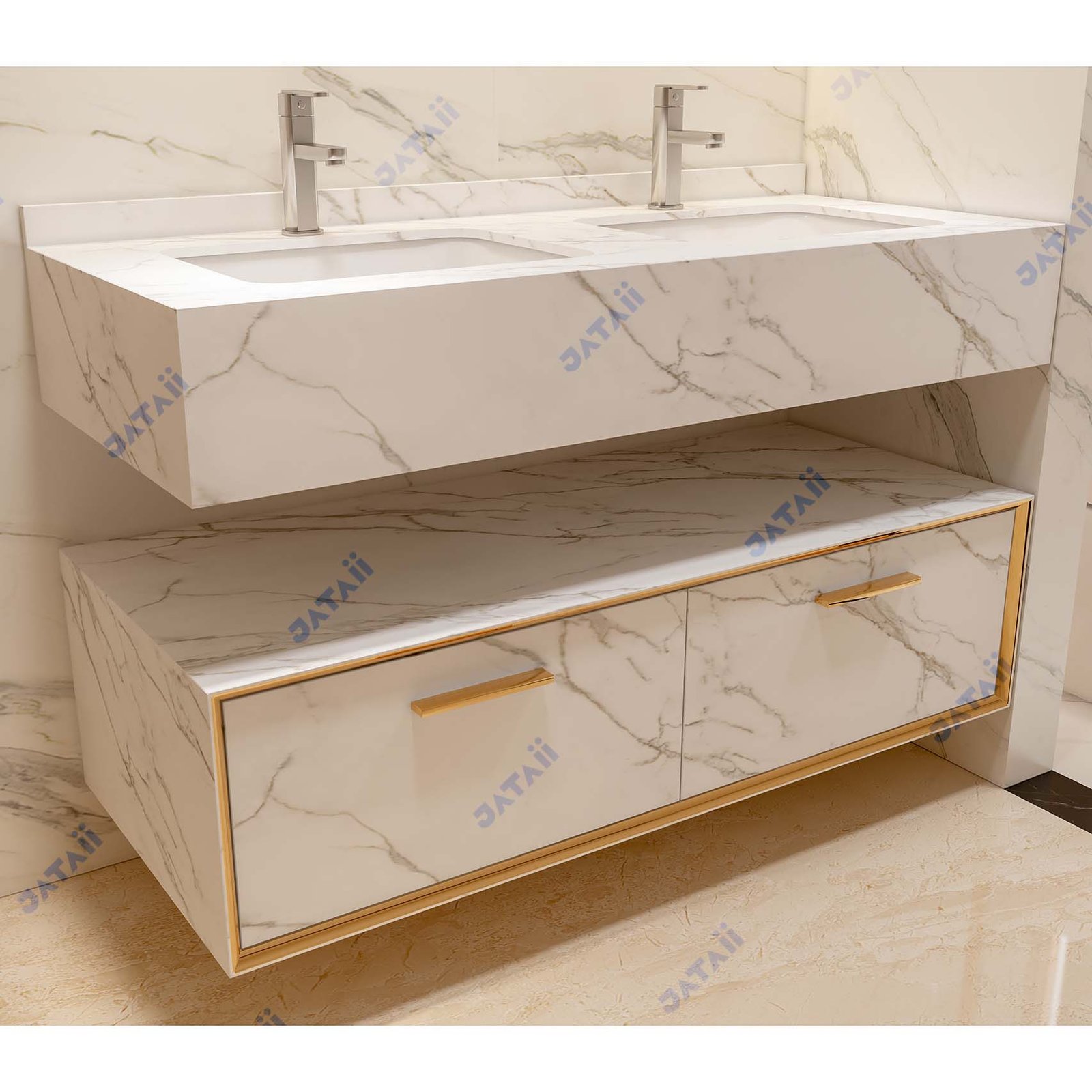 Wholesale 1300mm Luxury Marble Double Sink Floating Vanity with Gold Accents & Oversized Smart Mirror | JTDR031