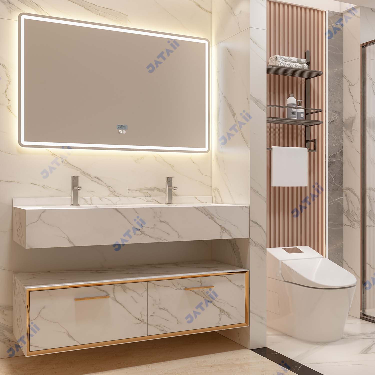 Wholesale 1300mm Luxury Marble Double Sink Floating Vanity with Gold Accents & Oversized Smart Mirror | JTDR031