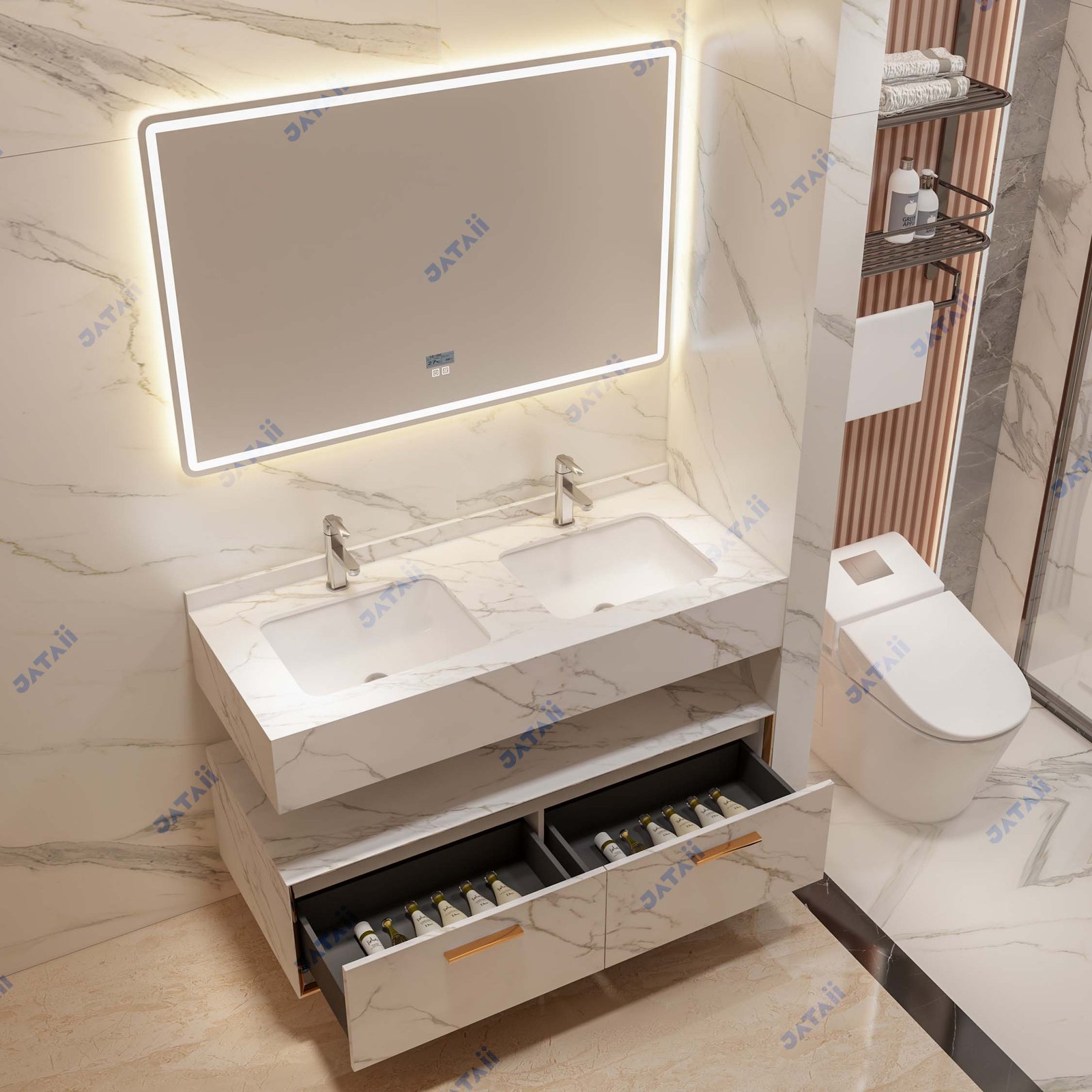Wholesale 1300mm Luxury Marble Double Sink Floating Vanity with Gold Accents & Oversized Smart Mirror | JTDR031