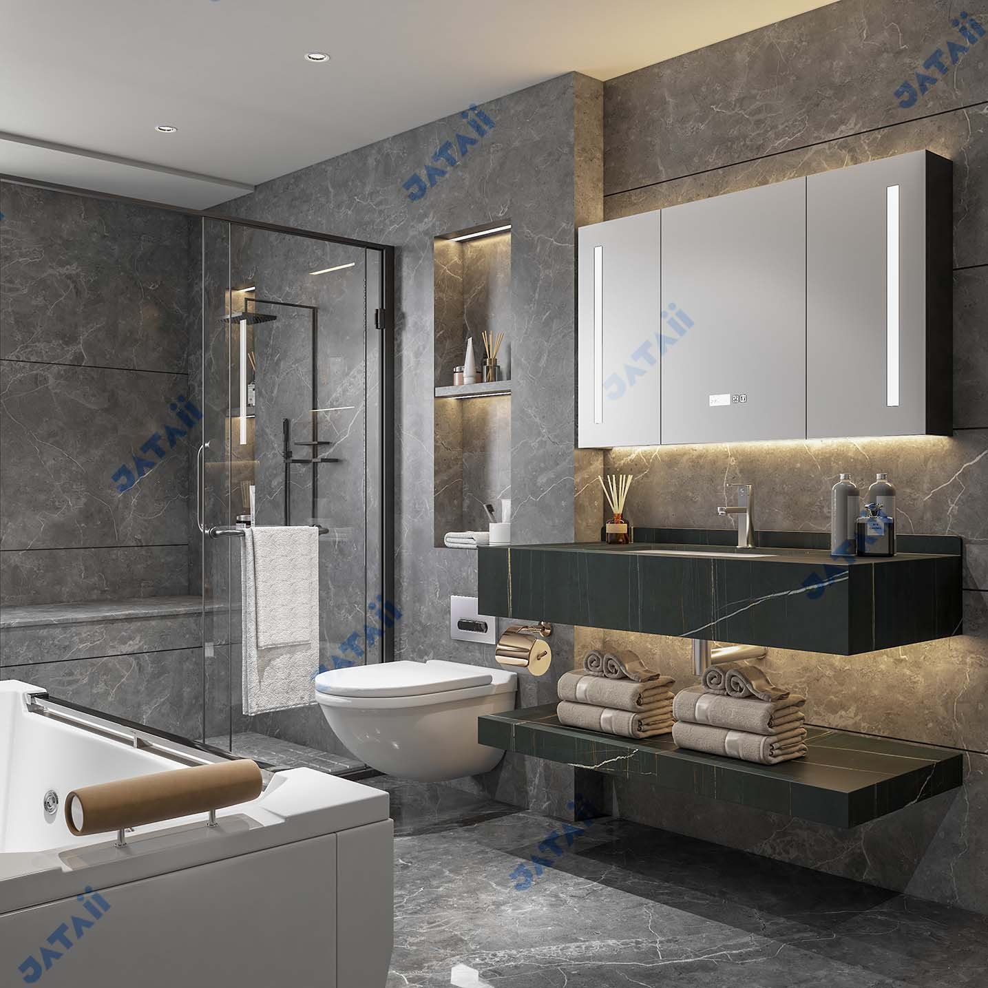 1200mm Luxury Black Marble Aluminum Vanity with Smart Medicine Cabinet