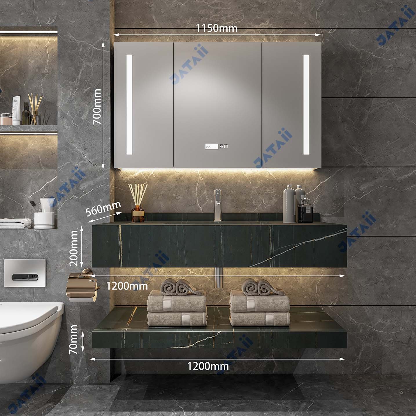 1200mm Luxury Black Marble Aluminum Vanity with Smart Medicine Cabinet