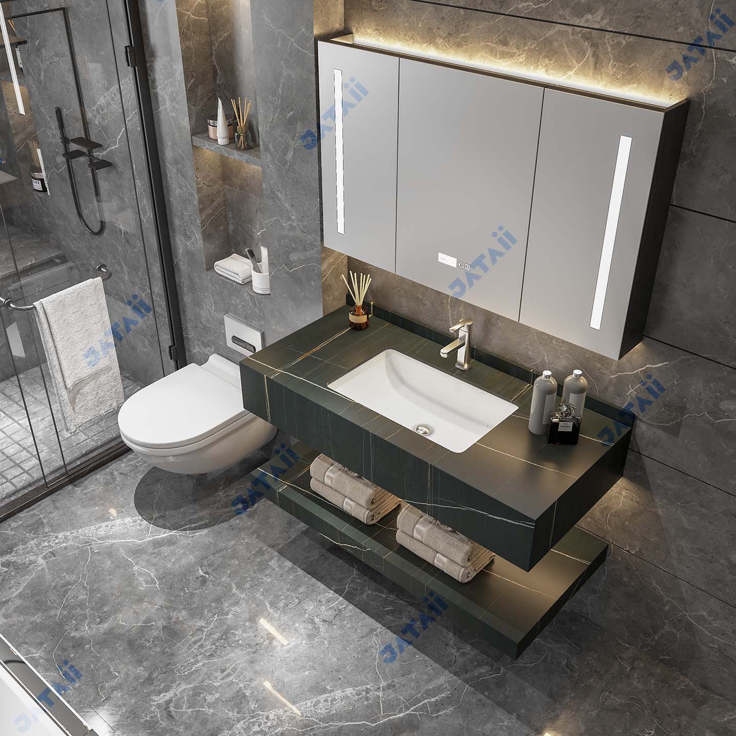 1200mm Luxury Black Marble Aluminum Vanity with Smart Medicine Cabinet