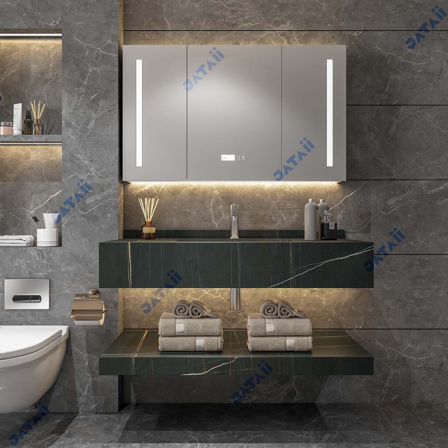 1200mm Luxury Black Marble Aluminum Vanity with Smart Medicine Cabinet