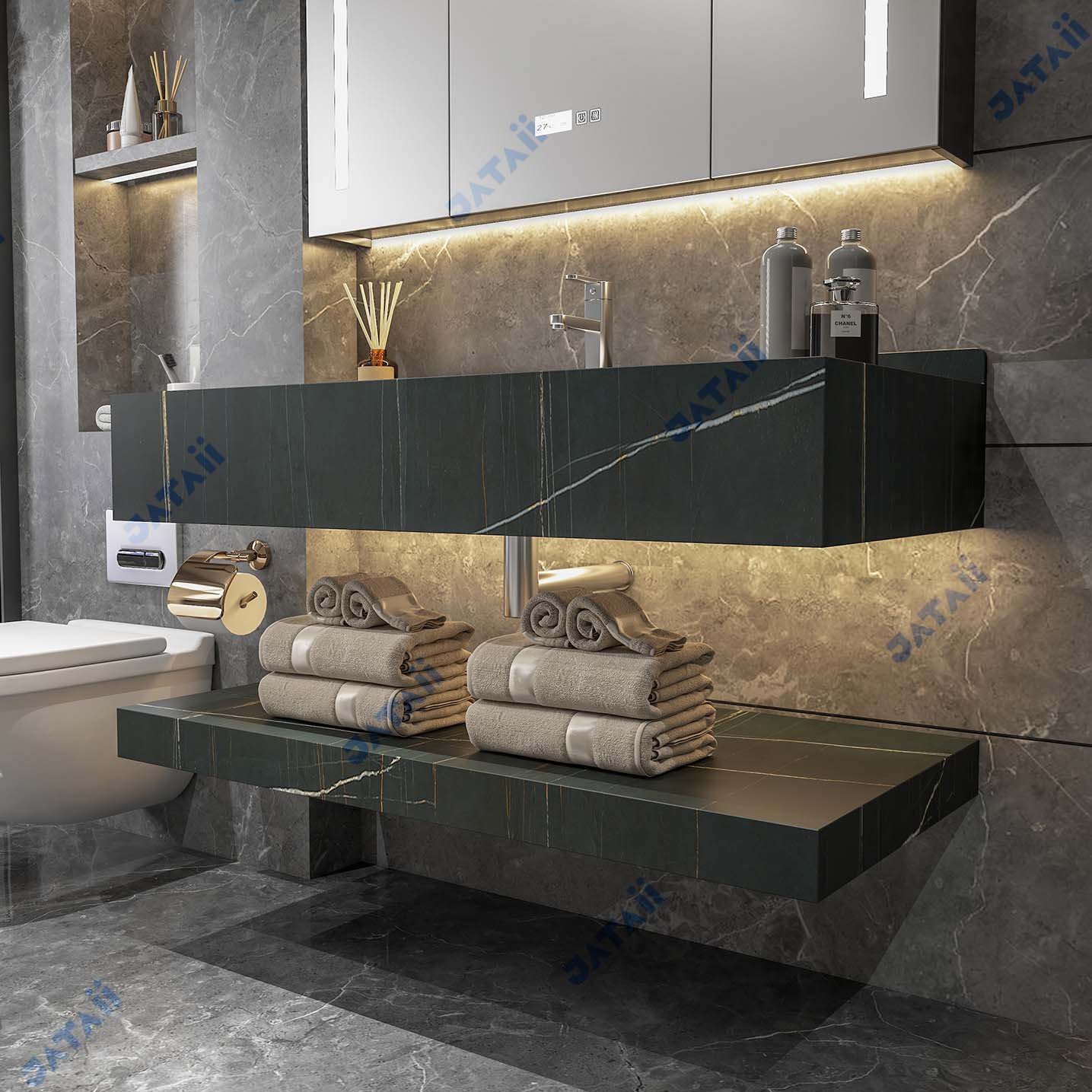 1200mm Luxury Black Marble Aluminum Vanity with Smart Medicine Cabinet