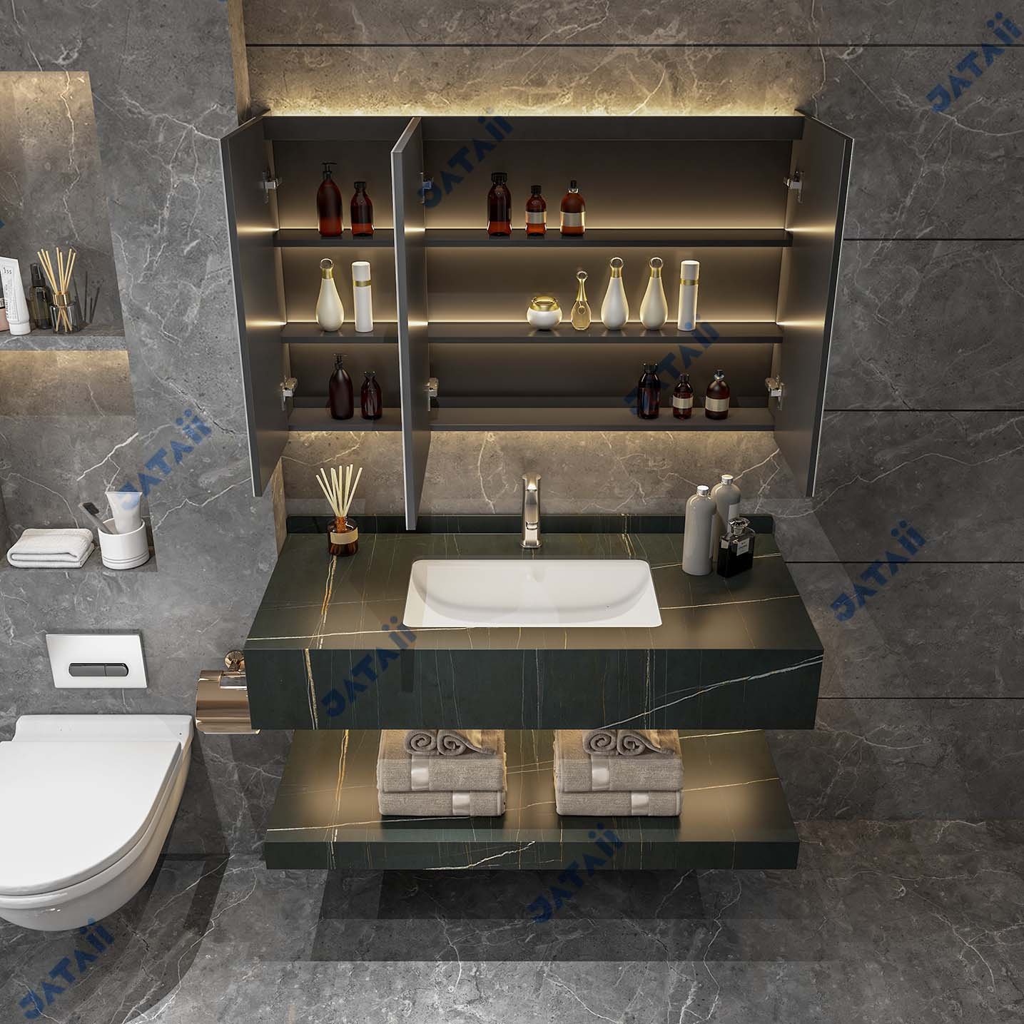 1200mm Luxury Black Marble Aluminum Vanity with Smart Medicine Cabinet