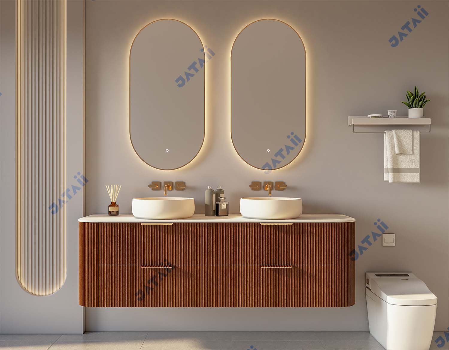 Wholesale 1800mm Luxury Curved Fluted Wood Aluminum Double Vanity with Pill Mirrors | JTDR036