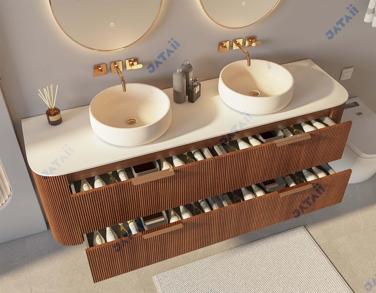 Wholesale 1800mm Luxury Curved Fluted Wood Aluminum Double Vanity with Pill Mirrors | JTDR036