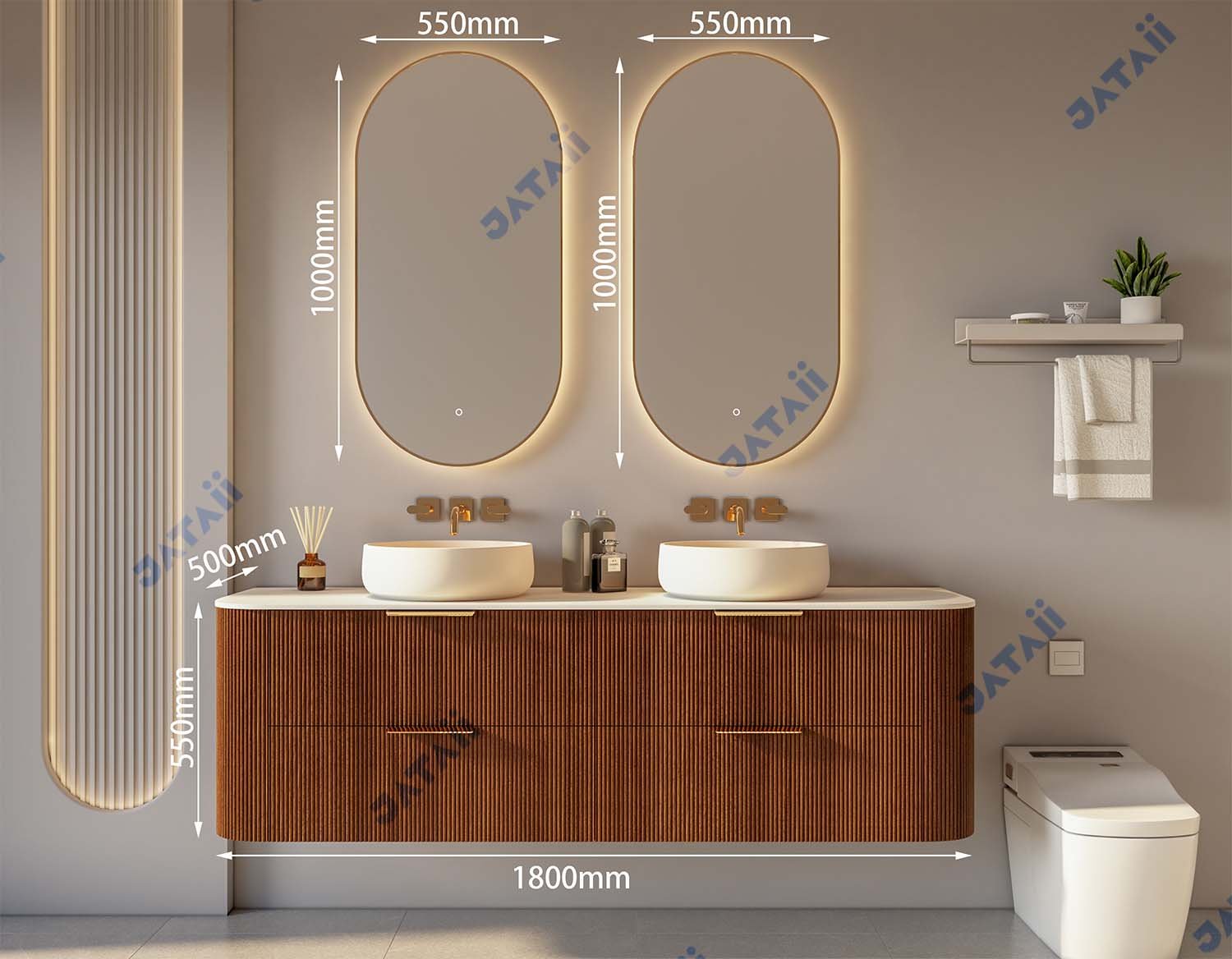 Wholesale 1800mm Luxury Curved Fluted Wood Aluminum Double Vanity with Pill Mirrors | JTDR036