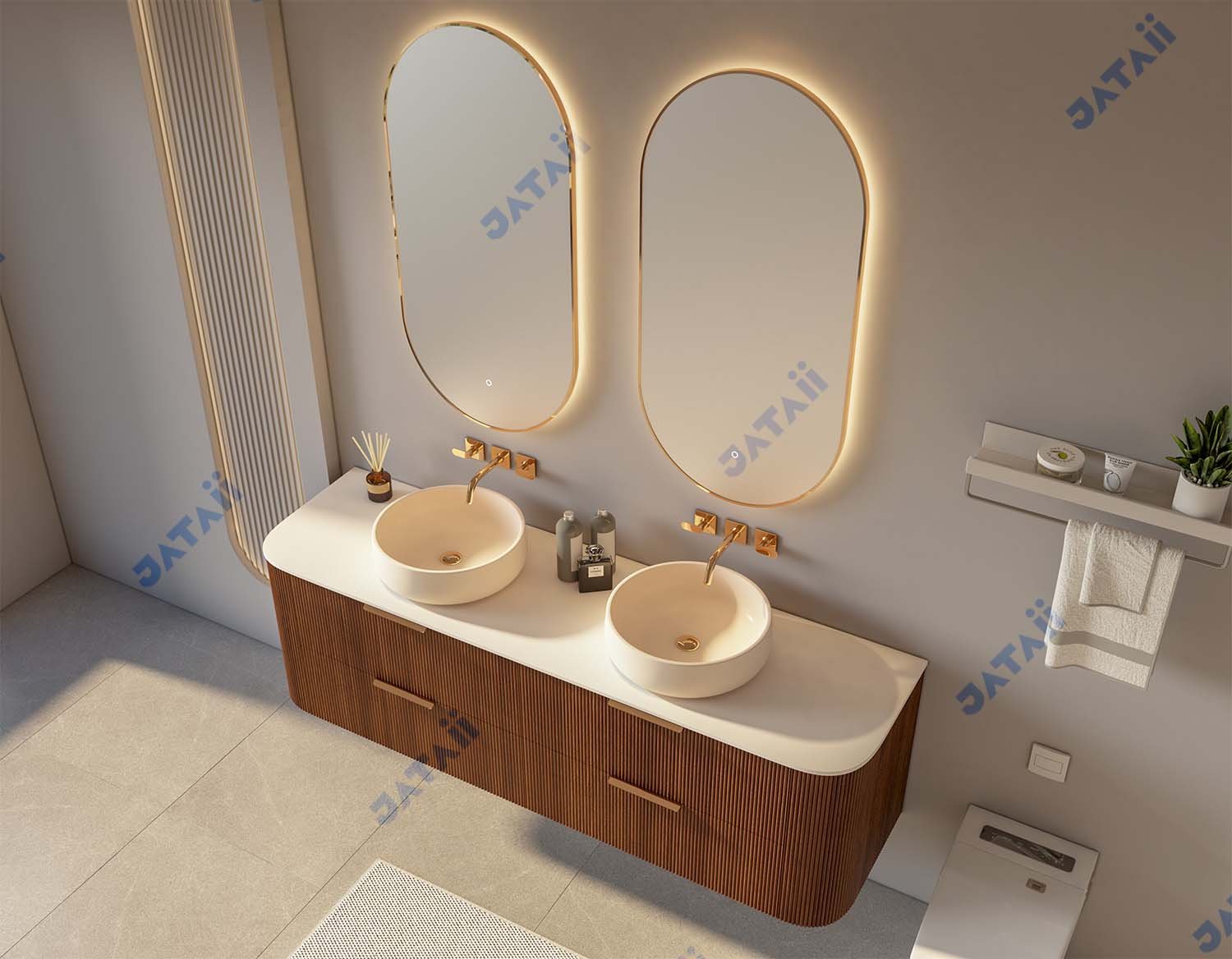 Wholesale 1800mm Luxury Curved Fluted Wood Aluminum Double Vanity with Pill Mirrors | JTDR036