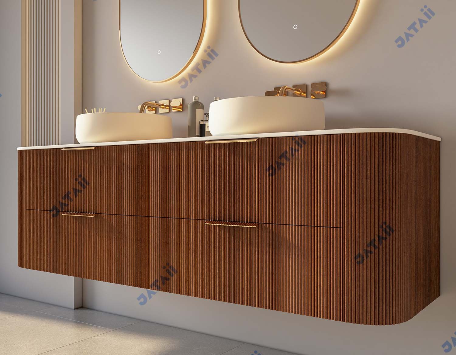 Wholesale 1800mm Luxury Curved Fluted Wood Aluminum Double Vanity with Pill Mirrors | JTDR036