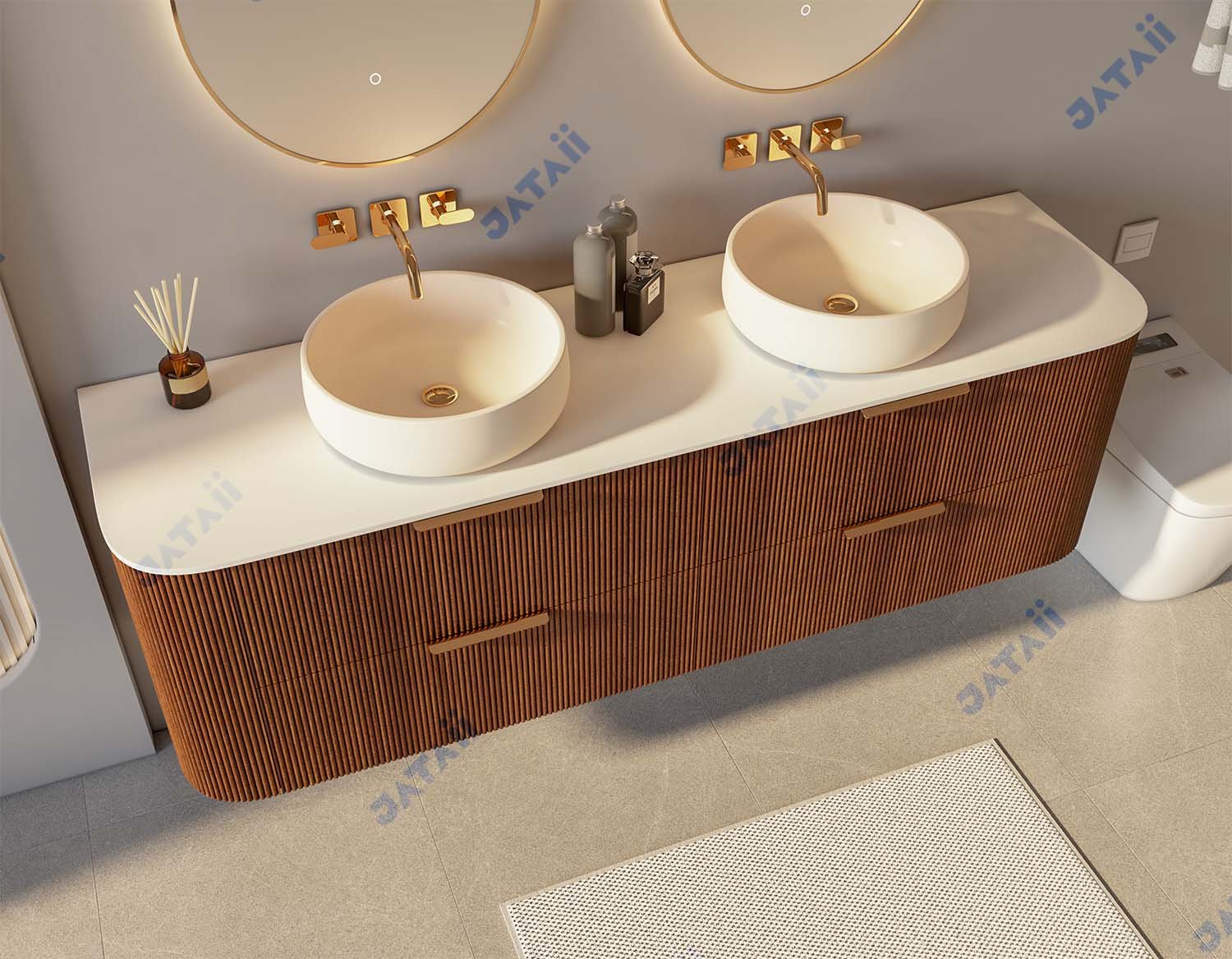 Wholesale 1800mm Luxury Curved Fluted Wood Aluminum Double Vanity with Pill Mirrors | JTDR036