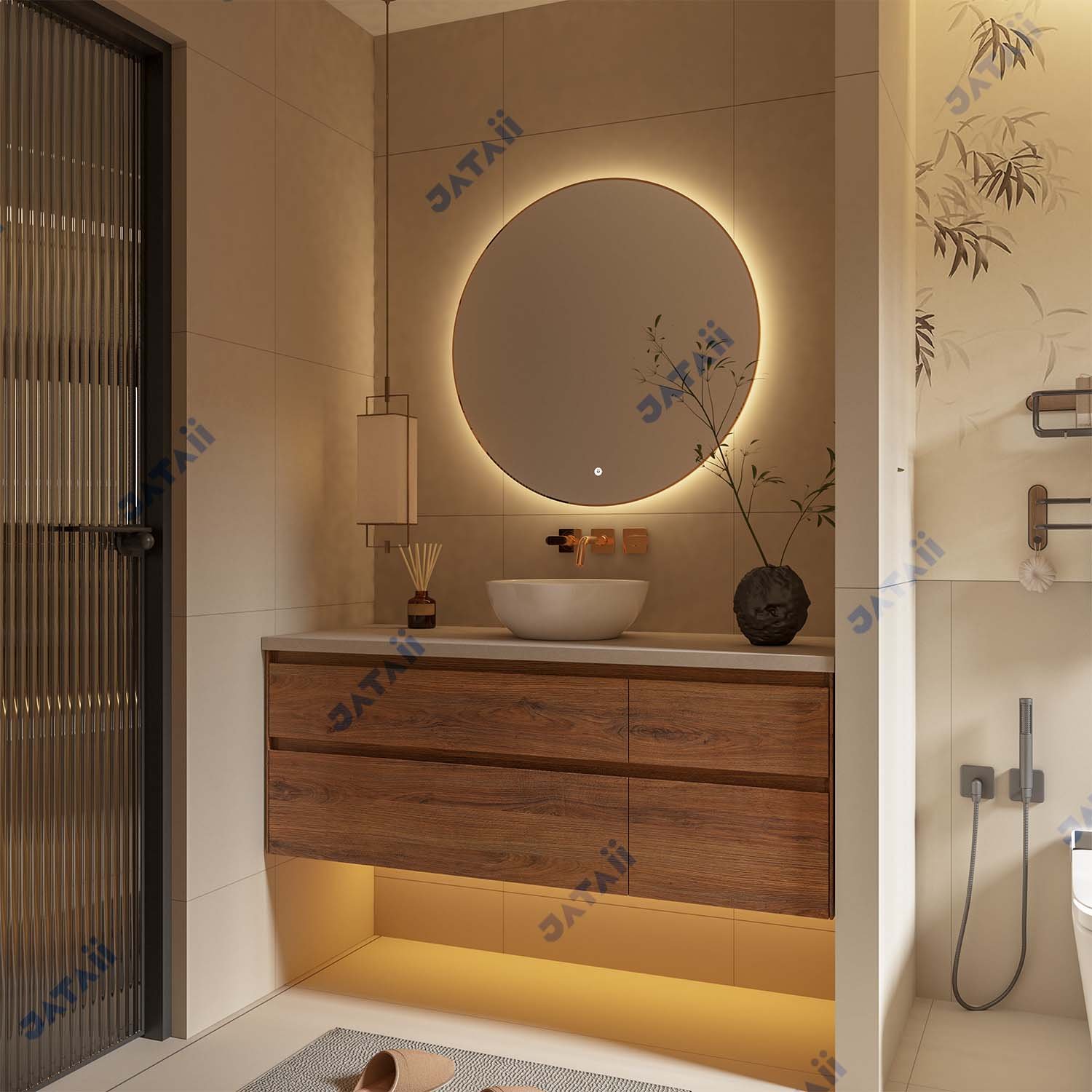 1300mm Wood Grain Floating Vanity | 4-Drawer Storage & Vessel Sink | JATAII