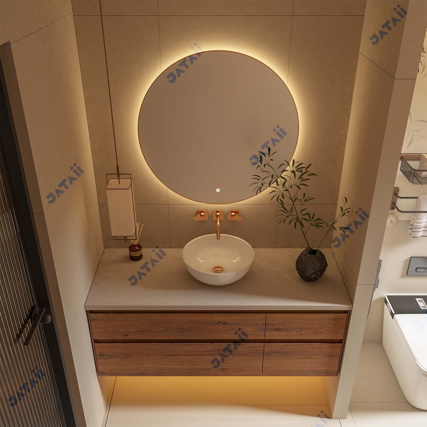 1300mm Wood Grain Floating Vanity | 4-Drawer Storage & Vessel Sink | JATAII