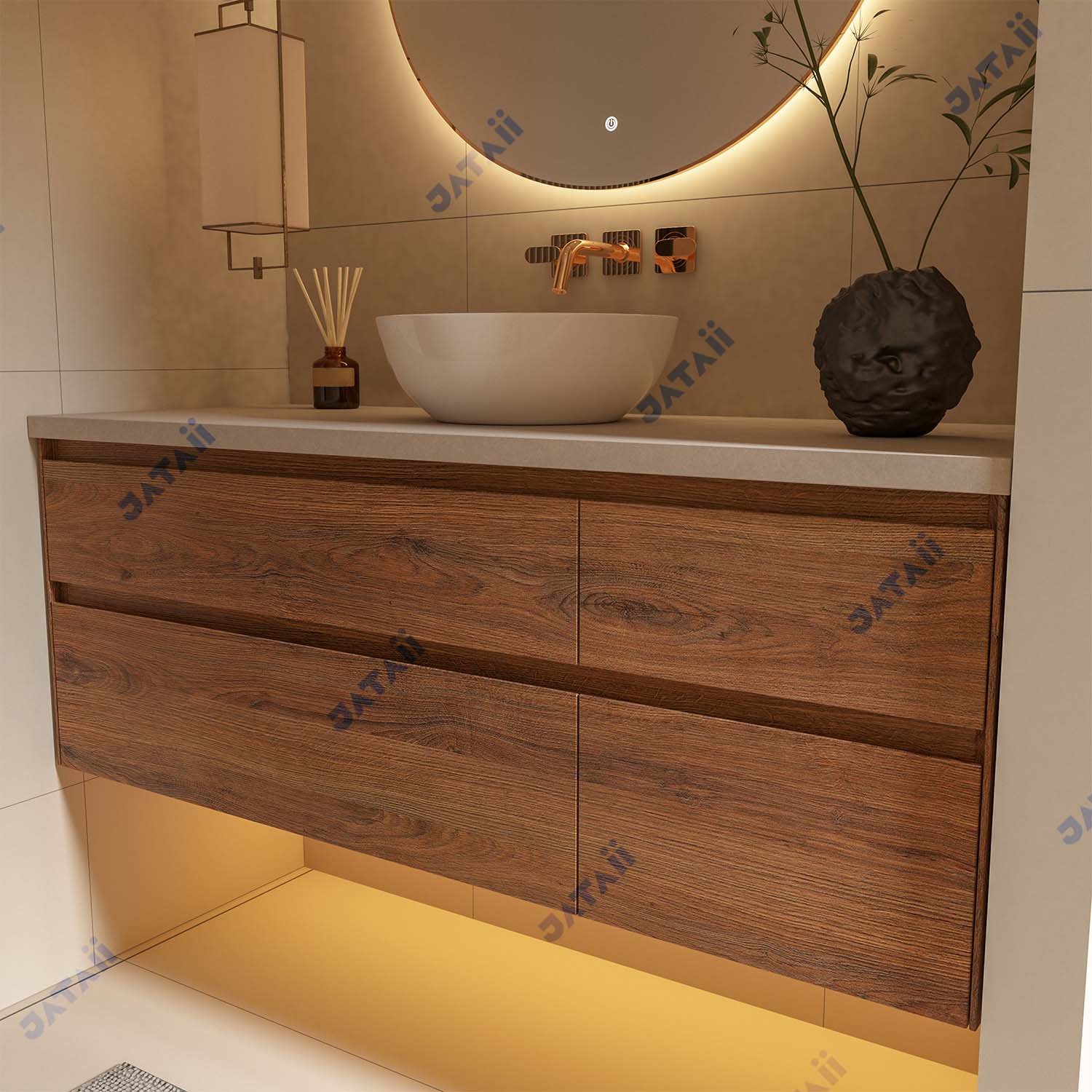 1300mm Wood Grain Floating Vanity | 4-Drawer Storage & Vessel Sink | JATAII