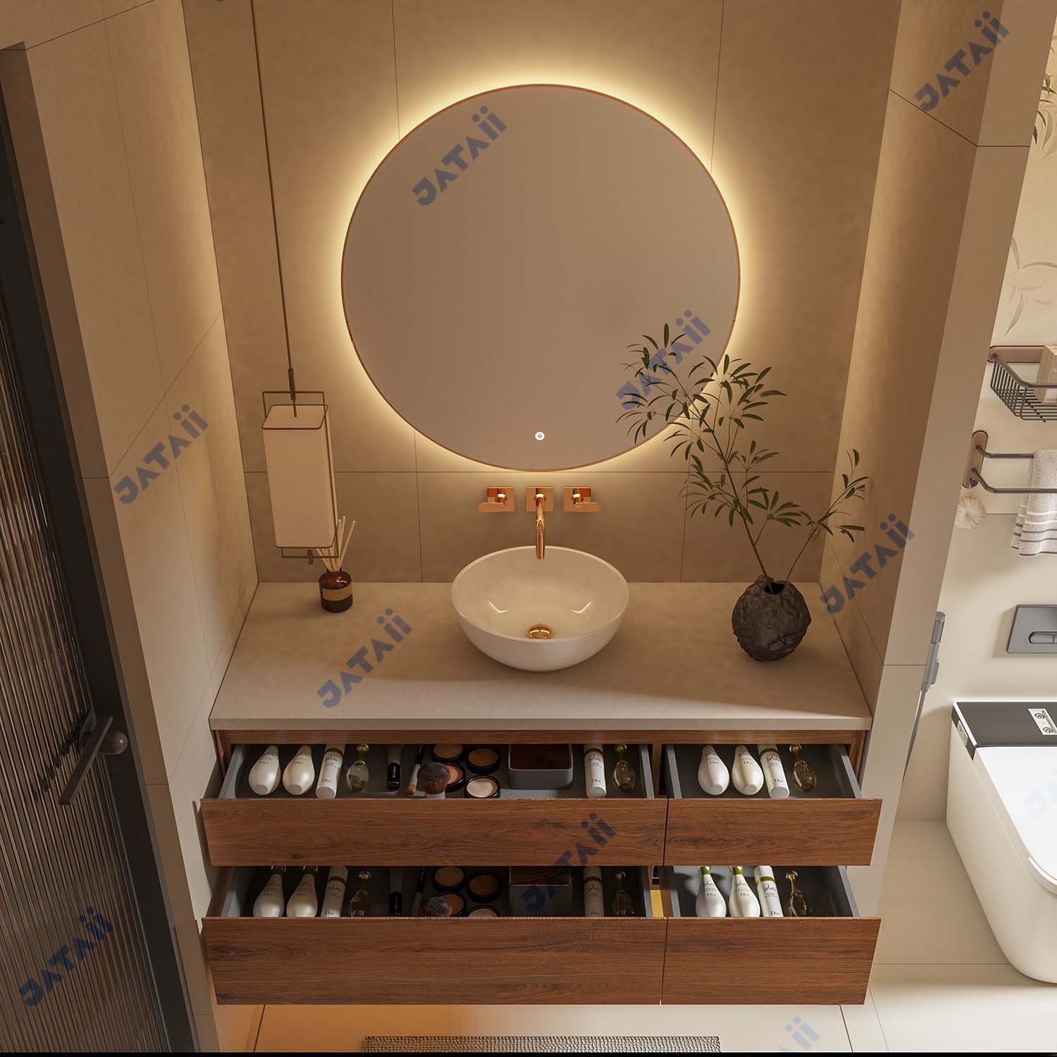 1300mm Wood Grain Floating Vanity | 4-Drawer Storage & Vessel Sink | JATAII