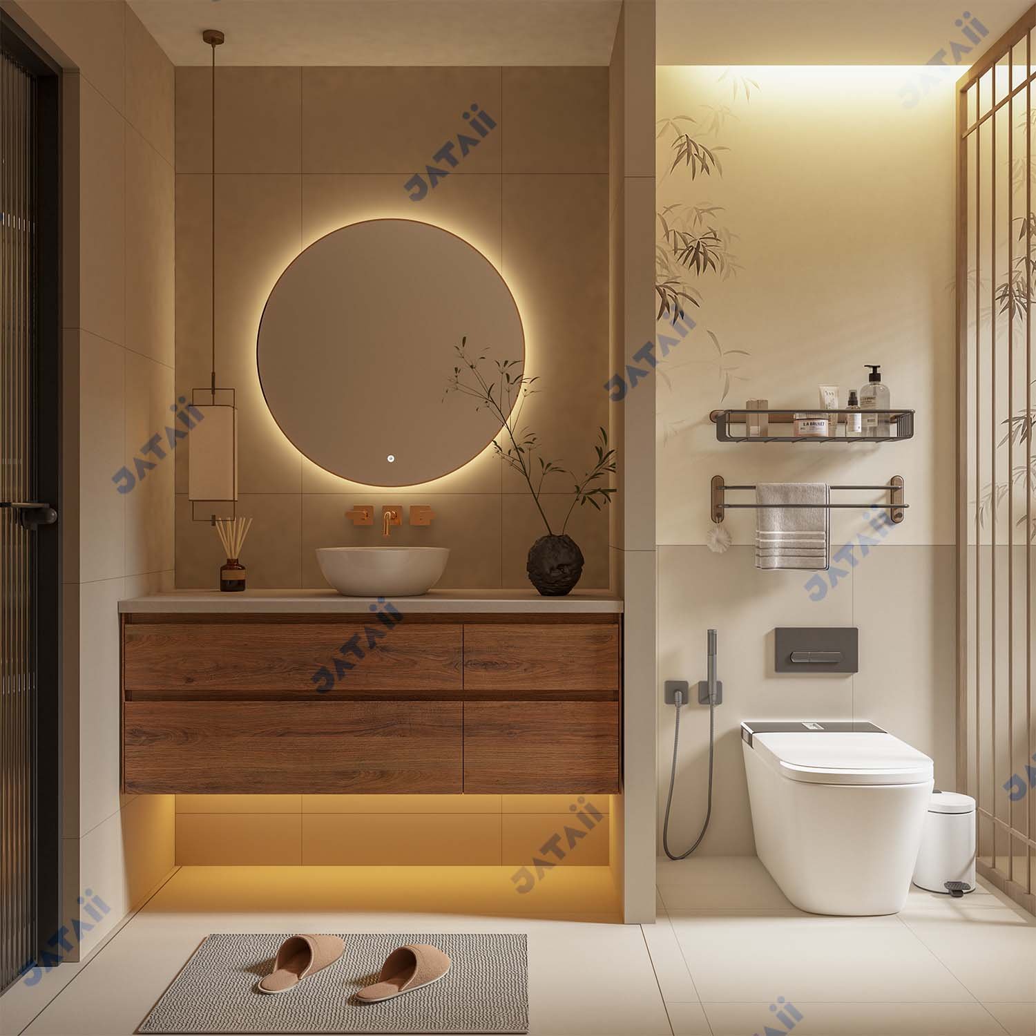 1300mm Wood Grain Floating Vanity | 4-Drawer Storage & Vessel Sink | JATAII