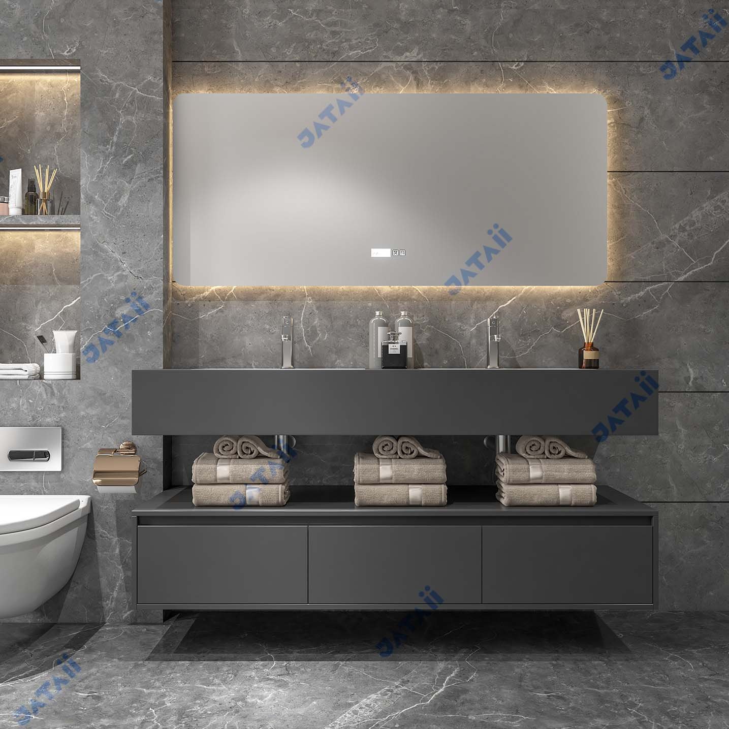 1600mm Matte Grey Dual-Tier Double Sink Vanity with Smart Mirror