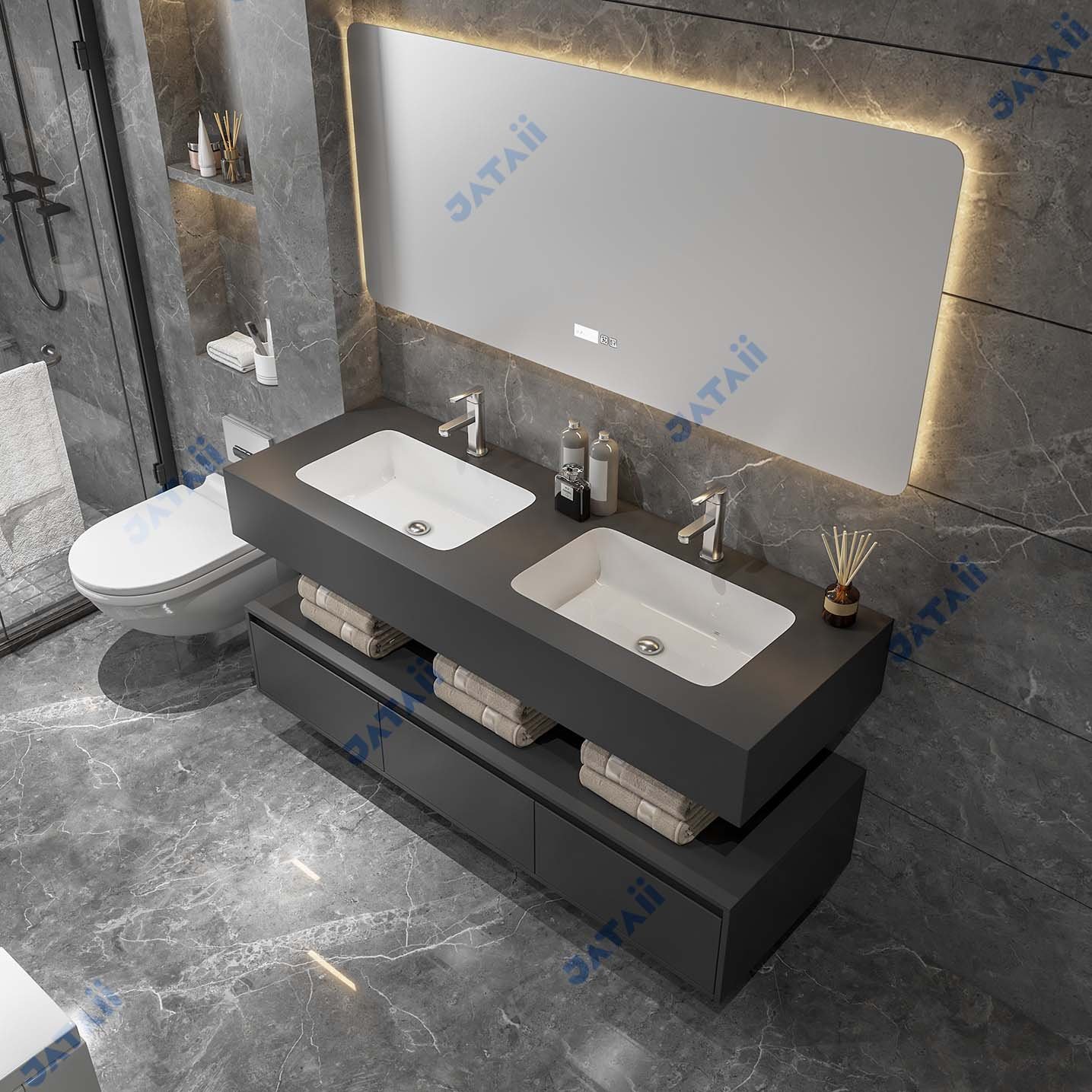 1600mm Matte Grey Dual-Tier Double Sink Vanity with Smart Mirror
