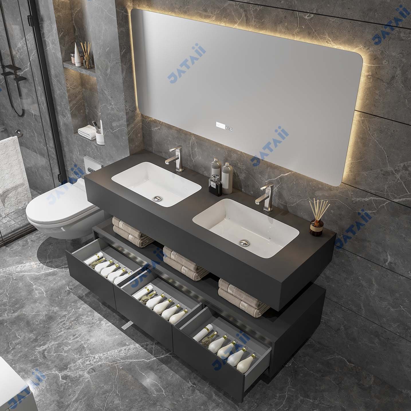 1600mm Matte Grey Dual-Tier Double Sink Vanity with Smart Mirror