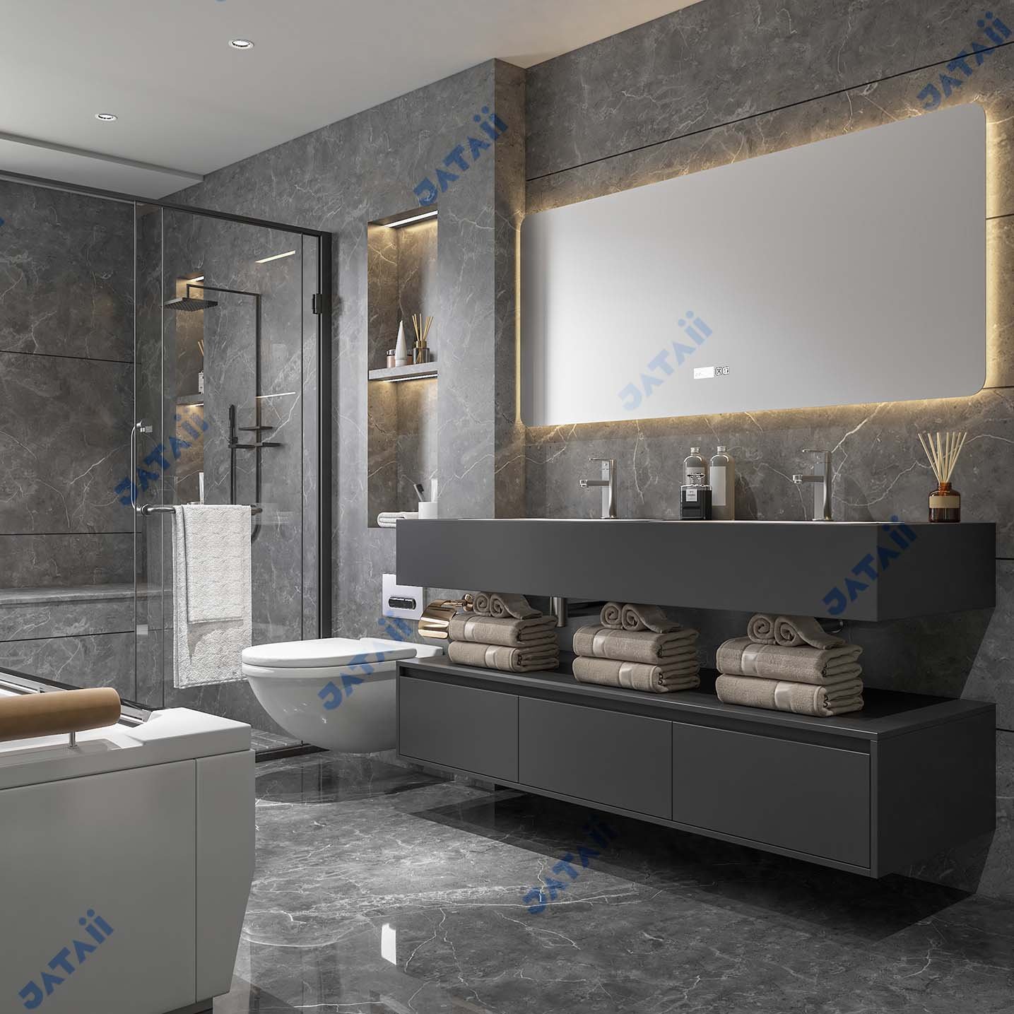 1600mm Matte Grey Dual-Tier Double Sink Vanity with Smart Mirror