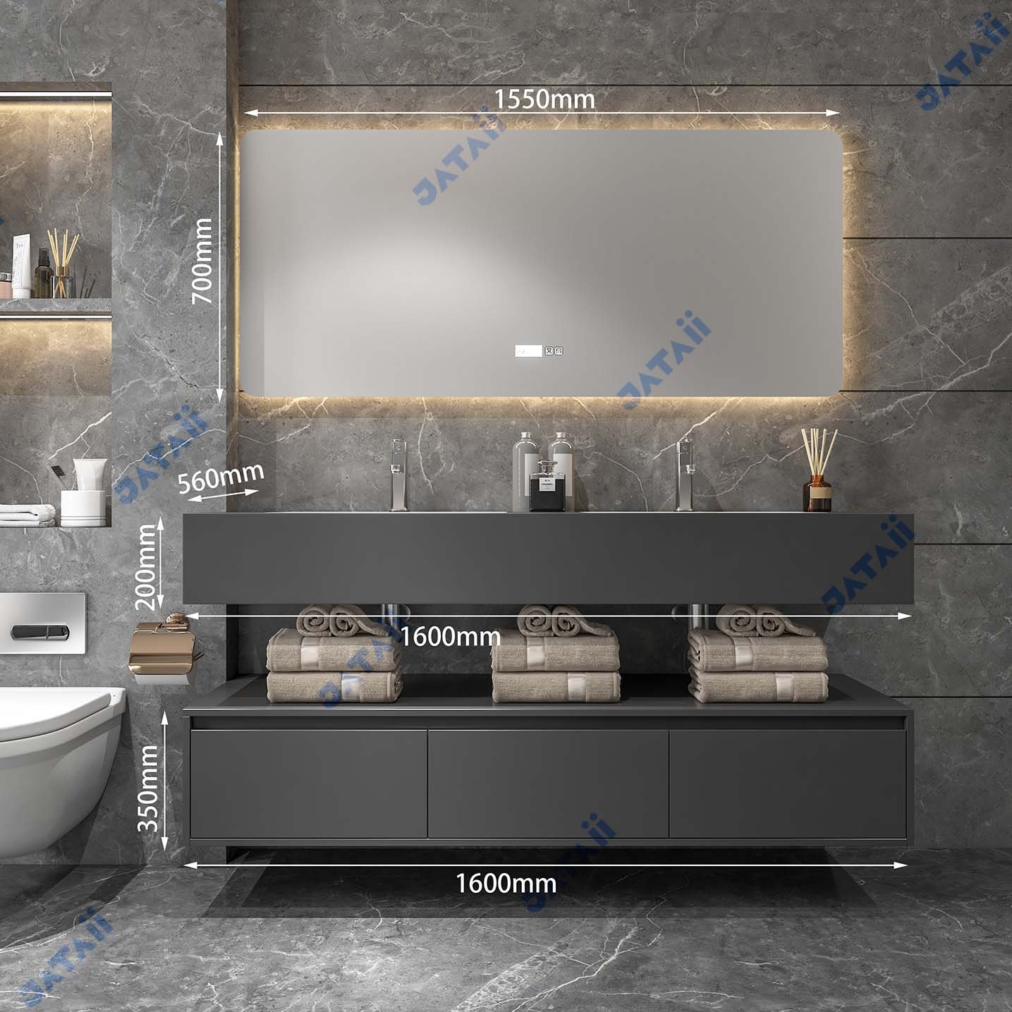 1600mm Matte Grey Dual-Tier Double Sink Vanity with Smart Mirror