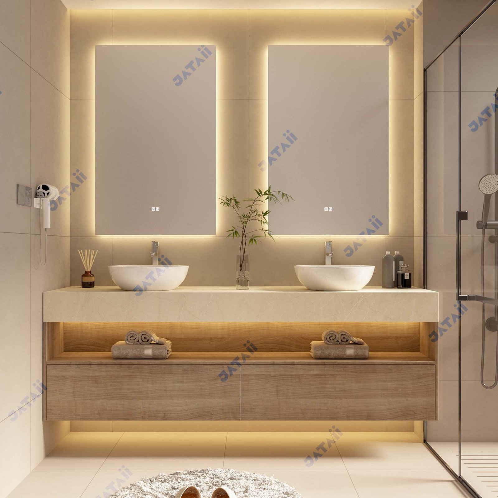 2000mm Wood Grain Dual-Tier Vanity with Double Vessel Sinks