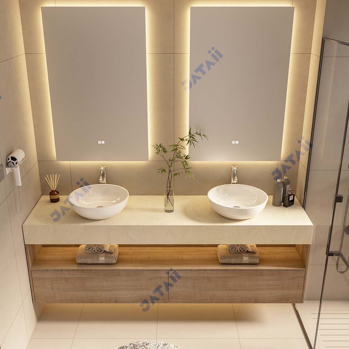 2000mm Wood Grain Dual-Tier Vanity with Double Vessel Sinks
