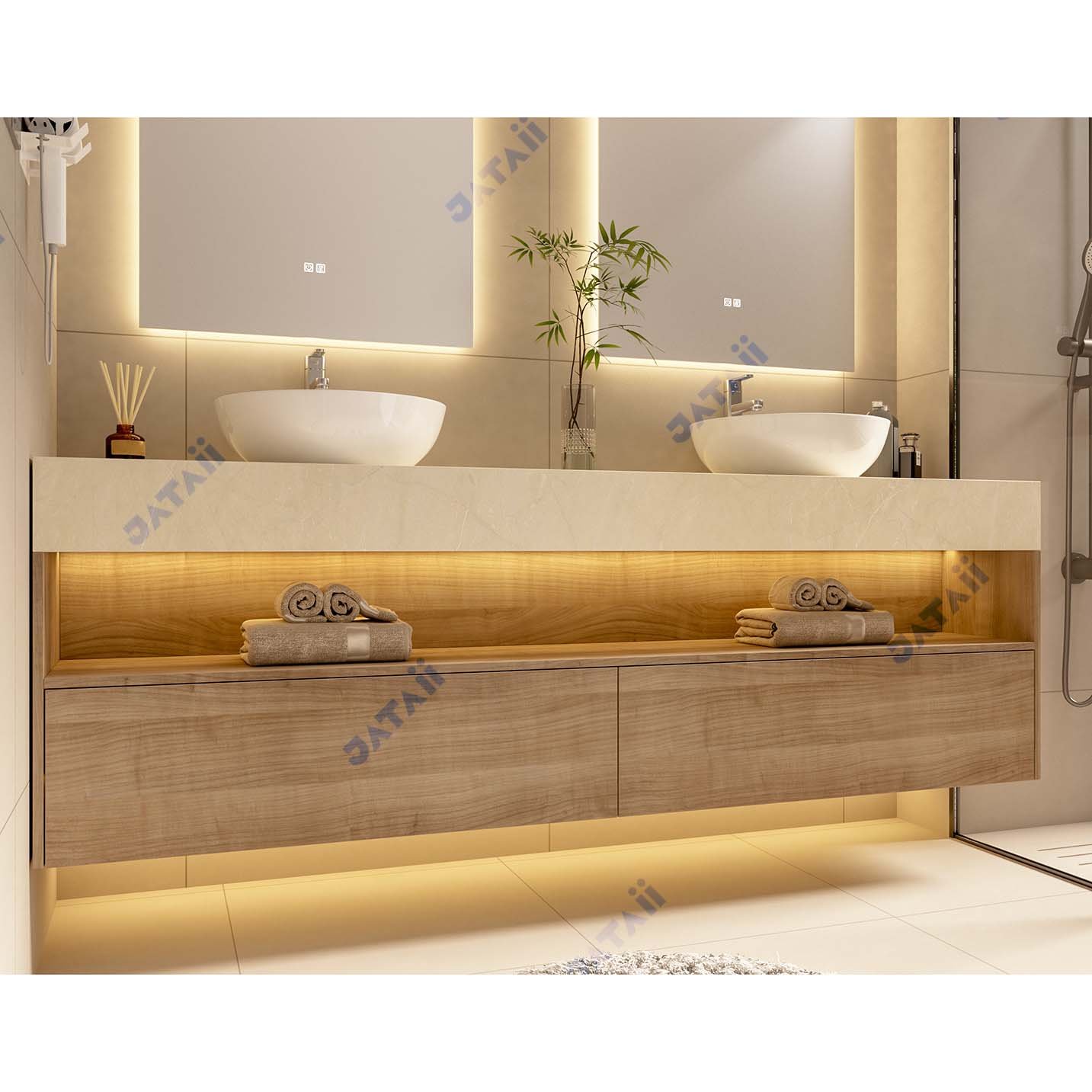 2000mm Wood Grain Dual-Tier Vanity with Double Vessel Sinks