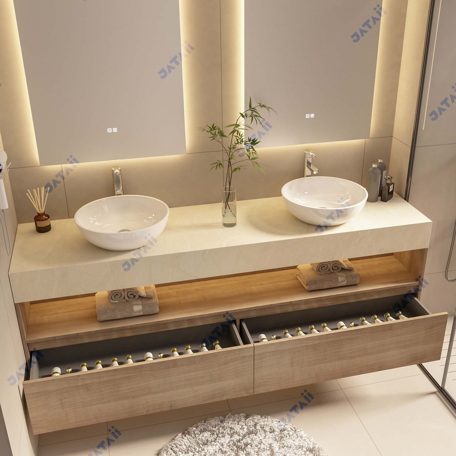 2000mm Wood Grain Dual-Tier Vanity with Double Vessel Sinks