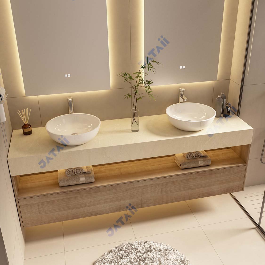 2000mm Wood Grain Dual-Tier Vanity with Double Vessel Sinks