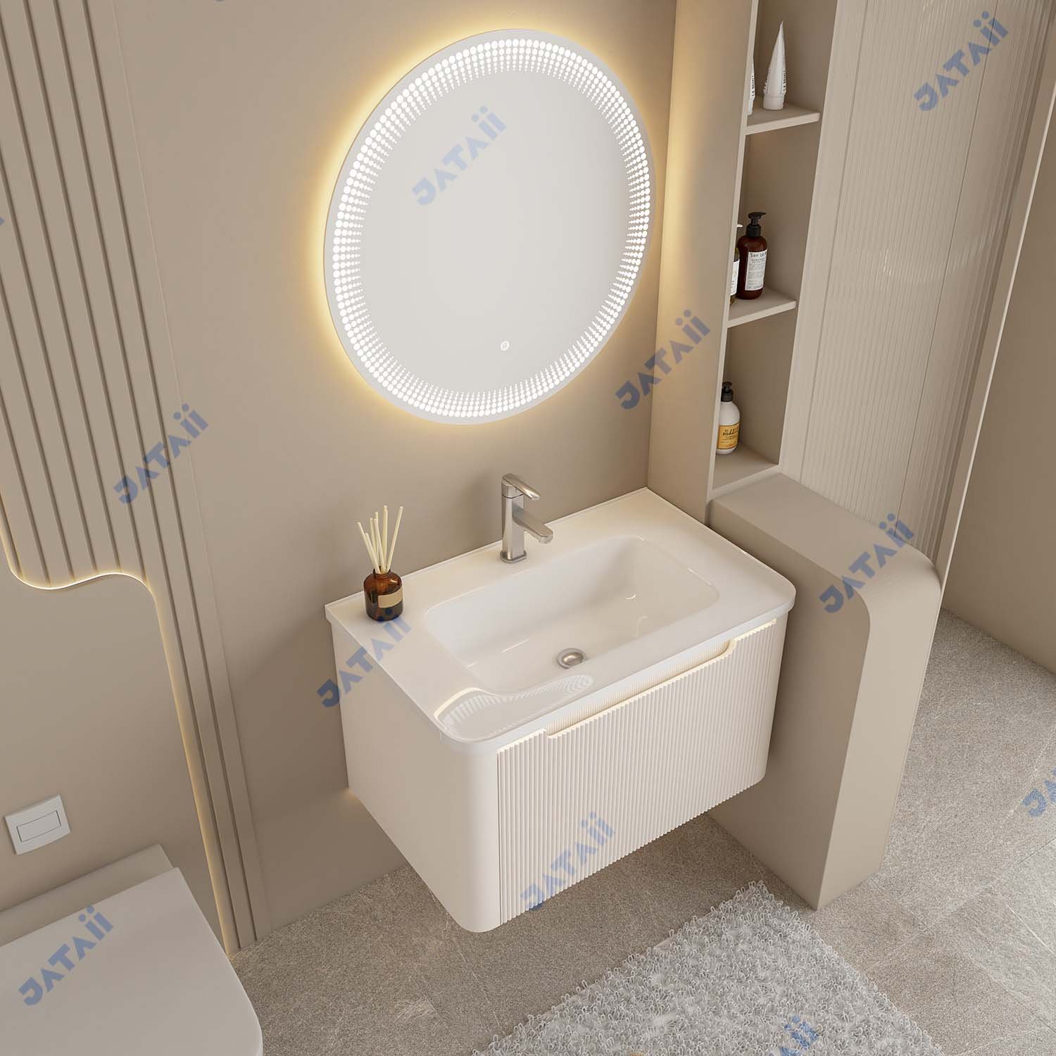 Minimalist Curved Fluted Wall-Mounted Bathroom Vanity with Round LED Mirror
