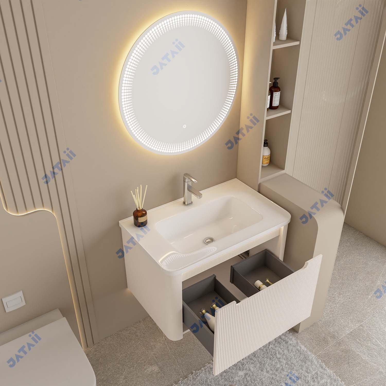 Minimalist Curved Fluted Wall-Mounted Bathroom Vanity with Round LED Mirror