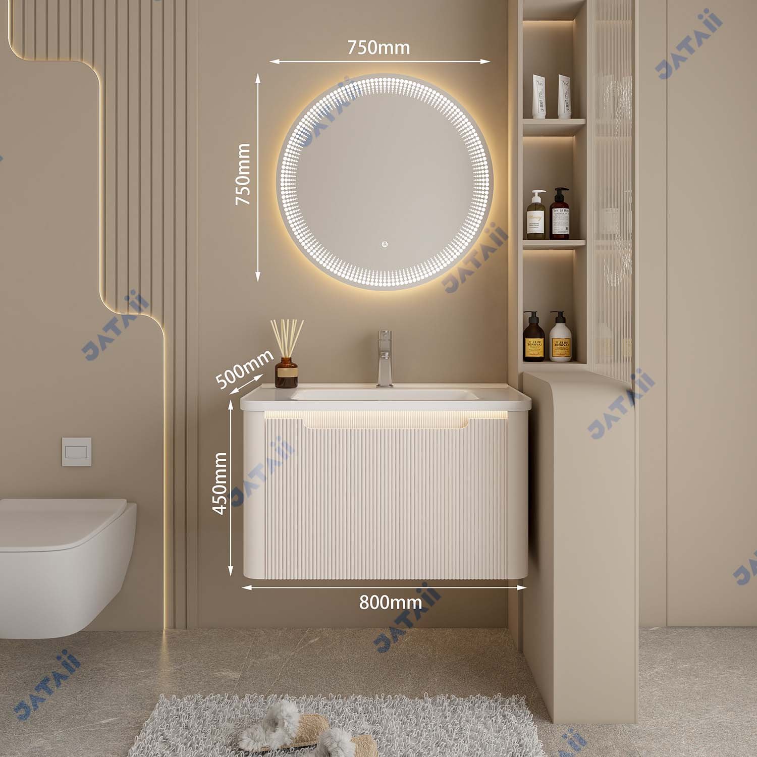 Minimalist Curved Fluted Wall-Mounted Bathroom Vanity with Round LED Mirror