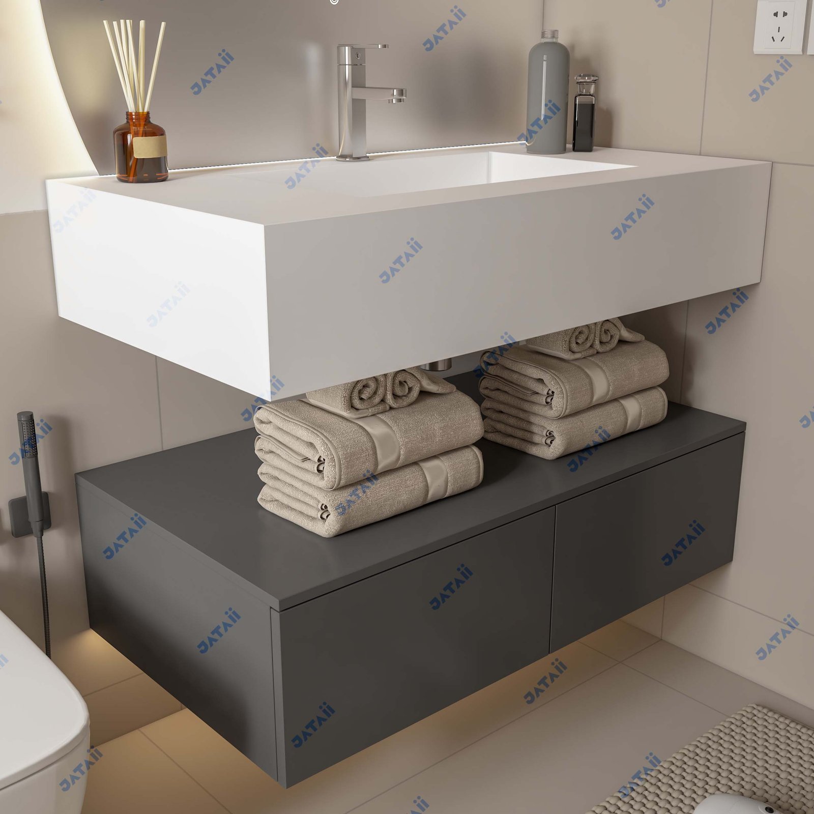 Wholesale 1200mm Two-Tier Floating Aluminum Vanity with Asymmetrical Arch Mirror | JTDR030