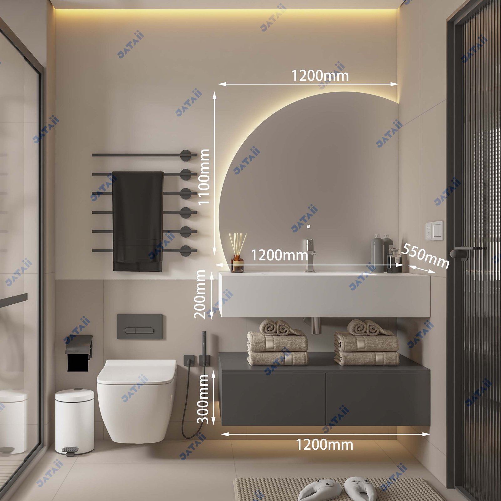 Wholesale 1200mm Two-Tier Floating Aluminum Vanity with Asymmetrical Arch Mirror | JTDR030