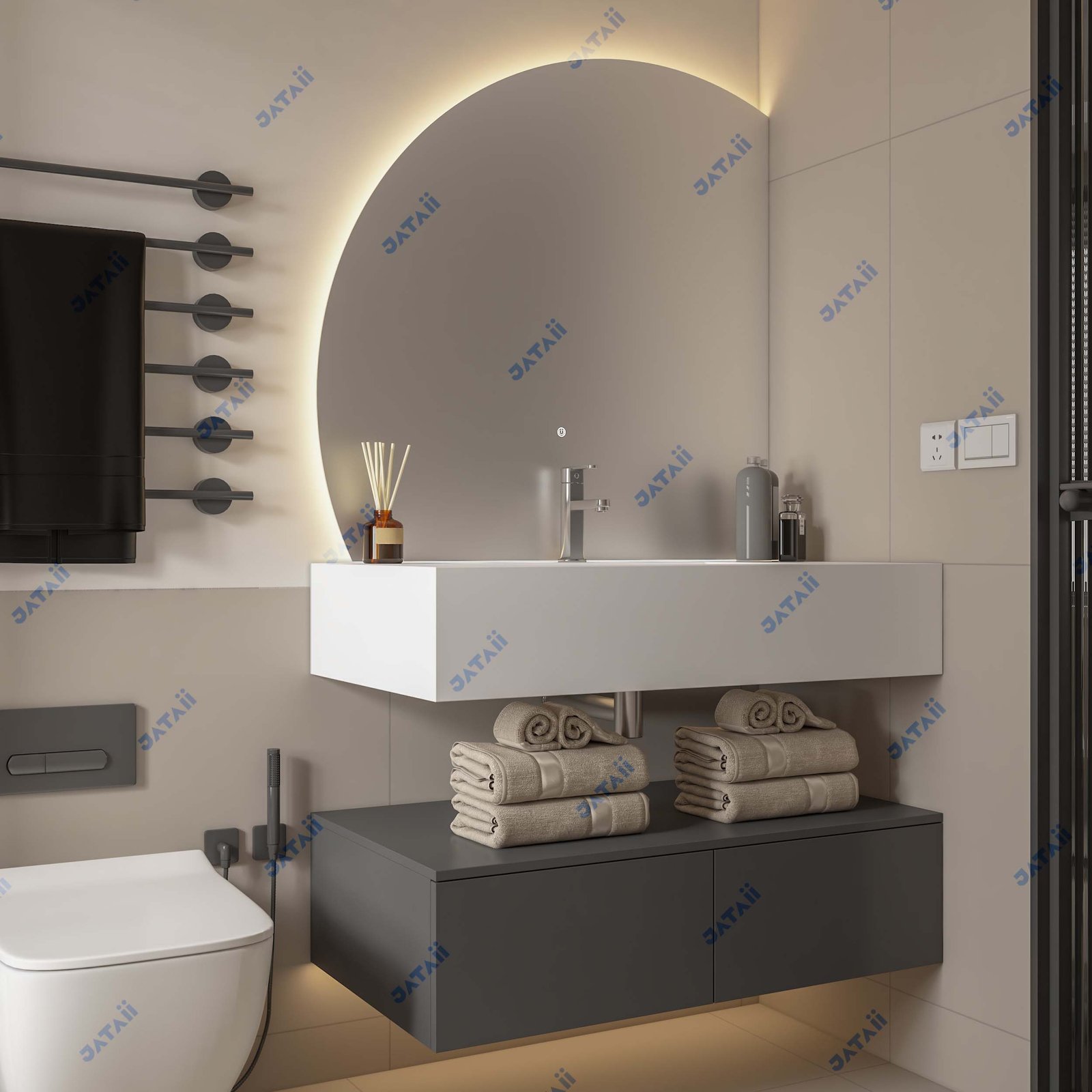 Wholesale 1200mm Two-Tier Floating Aluminum Vanity with Asymmetrical Arch Mirror | JTDR030