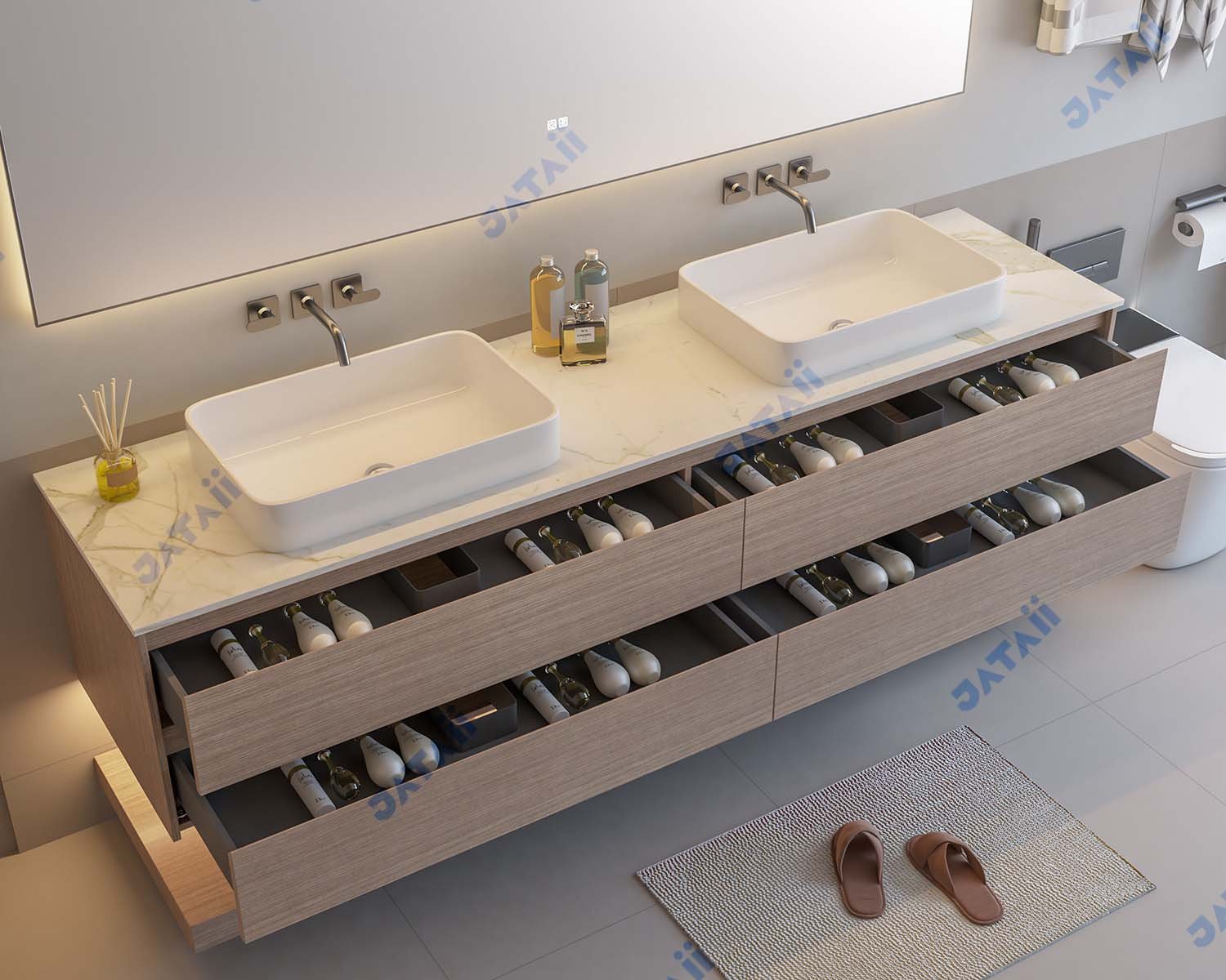 2100mm Wood Grain Dual-Tier Vanity with Double Vessel Sinks & Sintered Stone