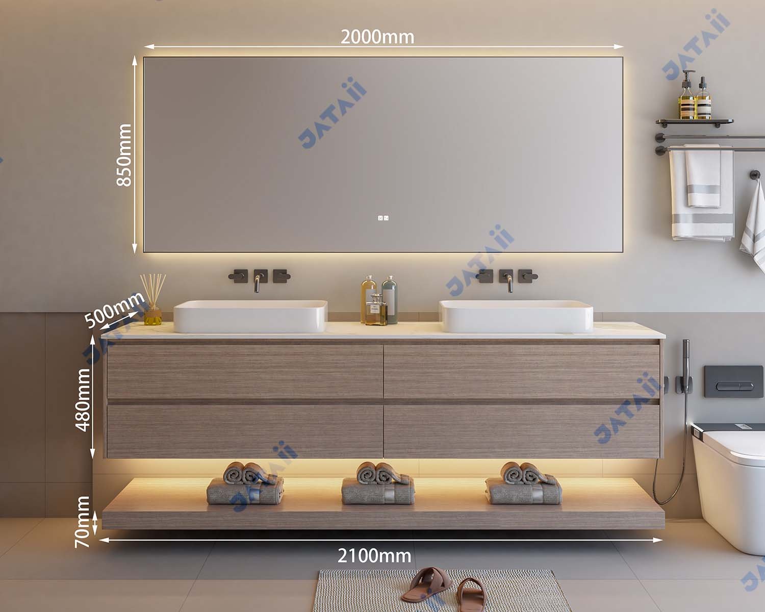 2100mm Wood Grain Dual-Tier Vanity with Double Vessel Sinks & Sintered Stone