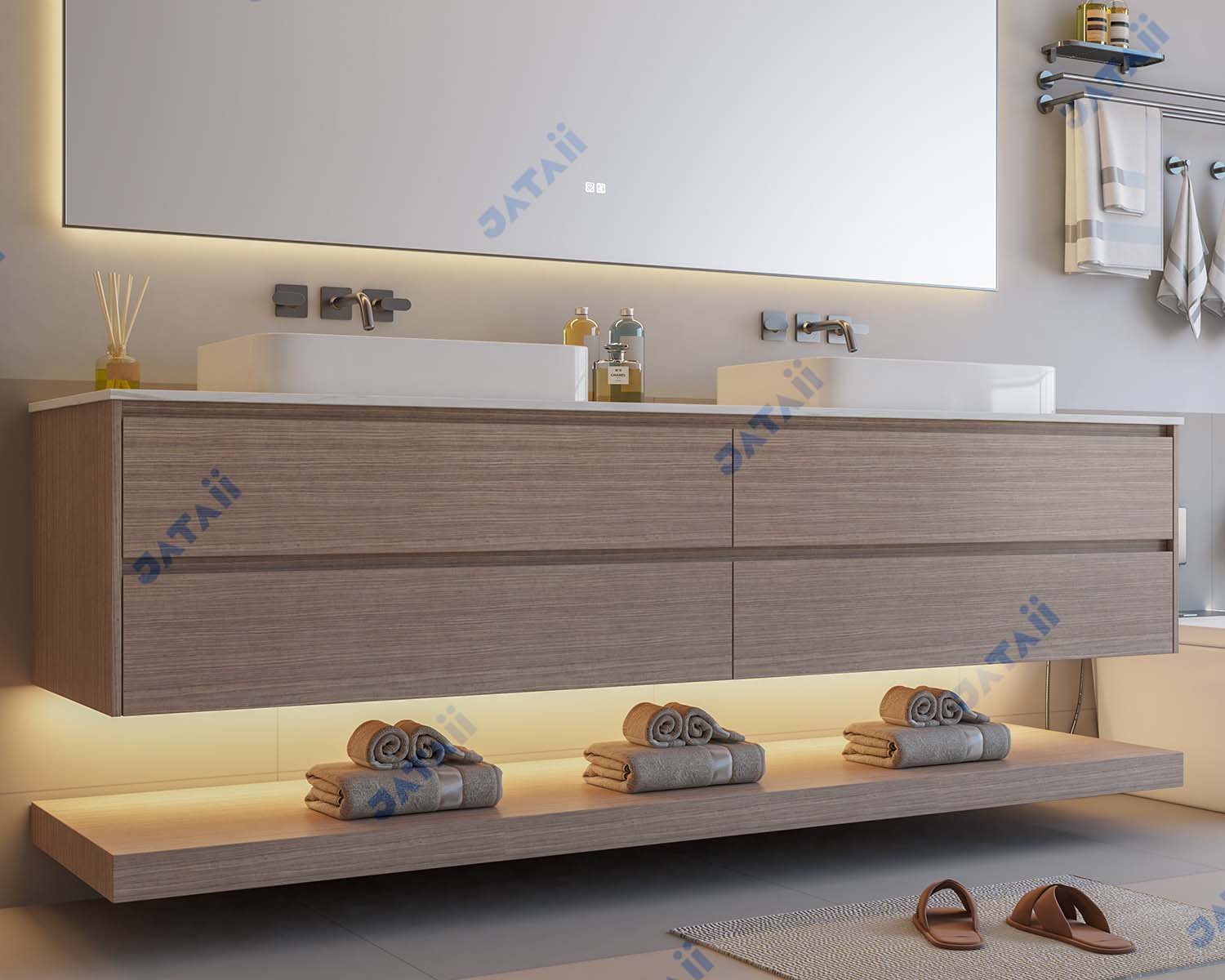 2100mm Wood Grain Dual-Tier Vanity with Double Vessel Sinks & Sintered Stone
